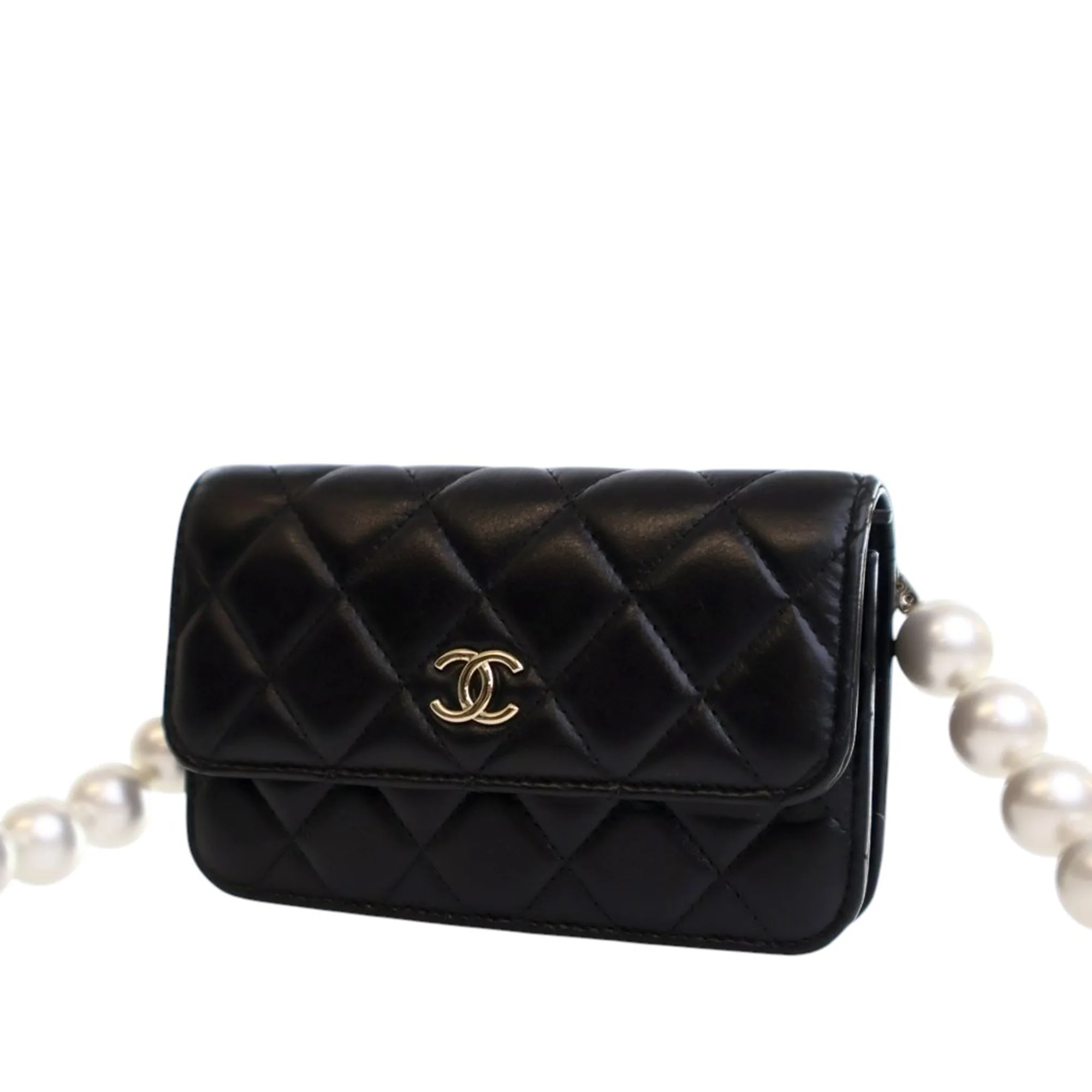 Chanel | Pre-Owned Quilted Lambskin Maxi Pearls Clutch With Chain | Black - Image 9