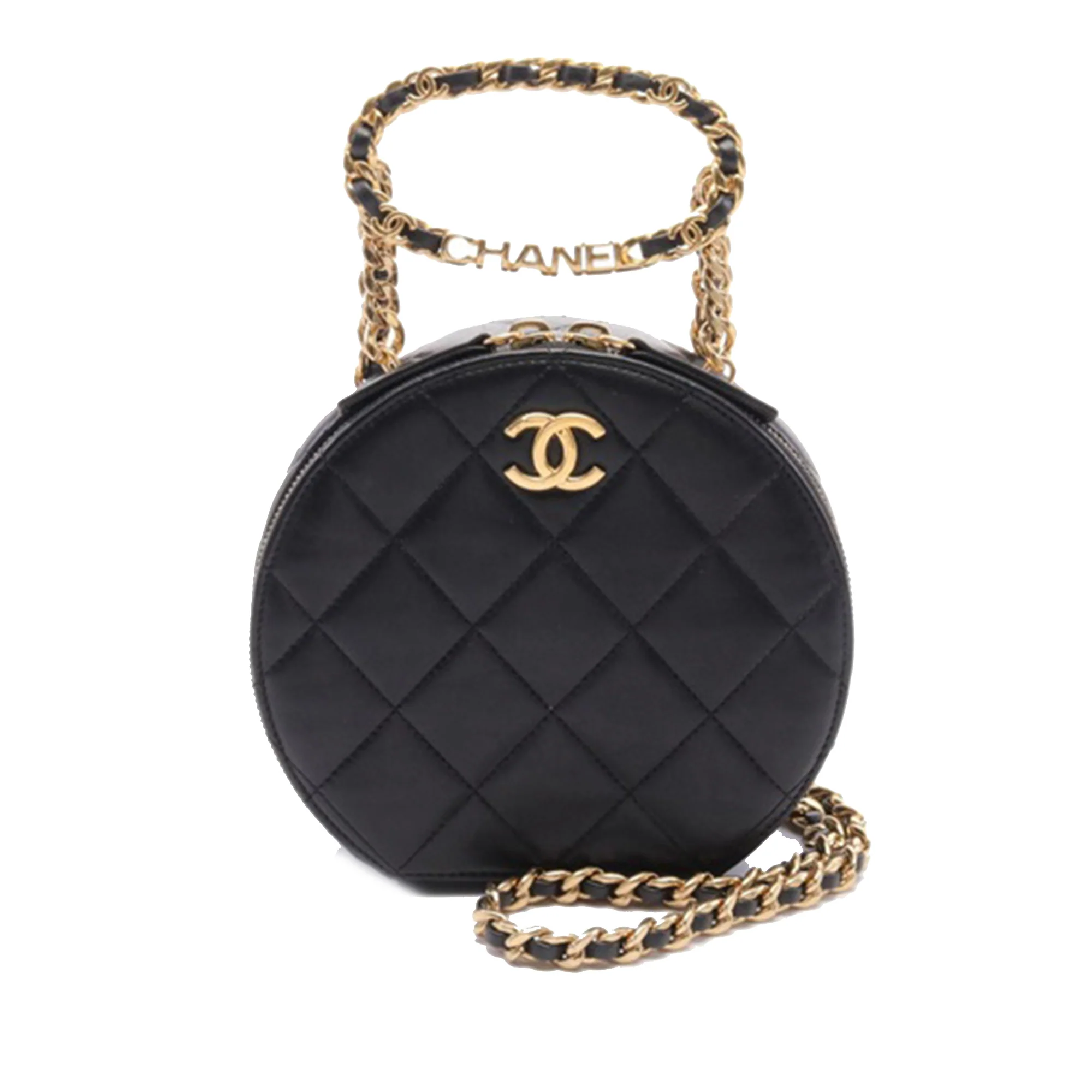 Chanel | Pre-Owned Quilted Lambskin Oval Logo Chain Top Handle Round Clutch on Chain | Black
