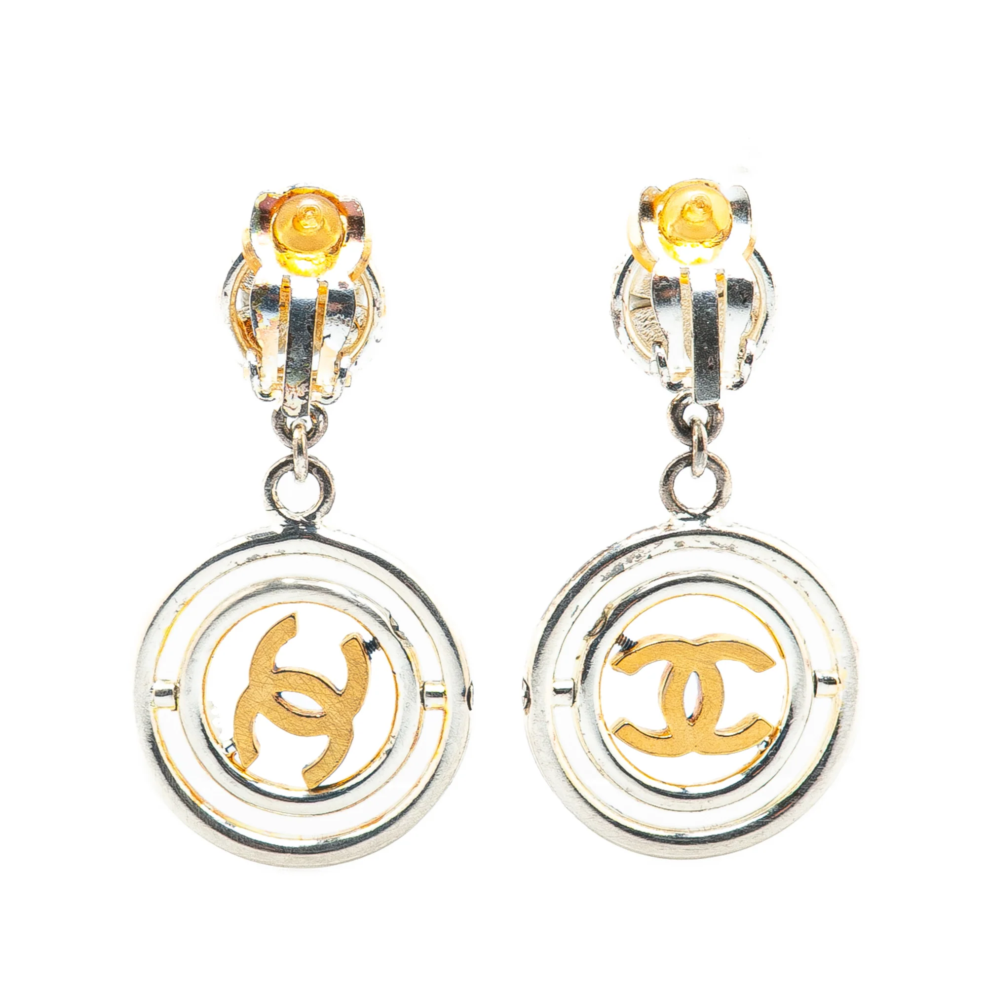 Chanel | Pre-Owned Silver Clover CC Drop Clip on Earrings | SilverGold - Image 2
