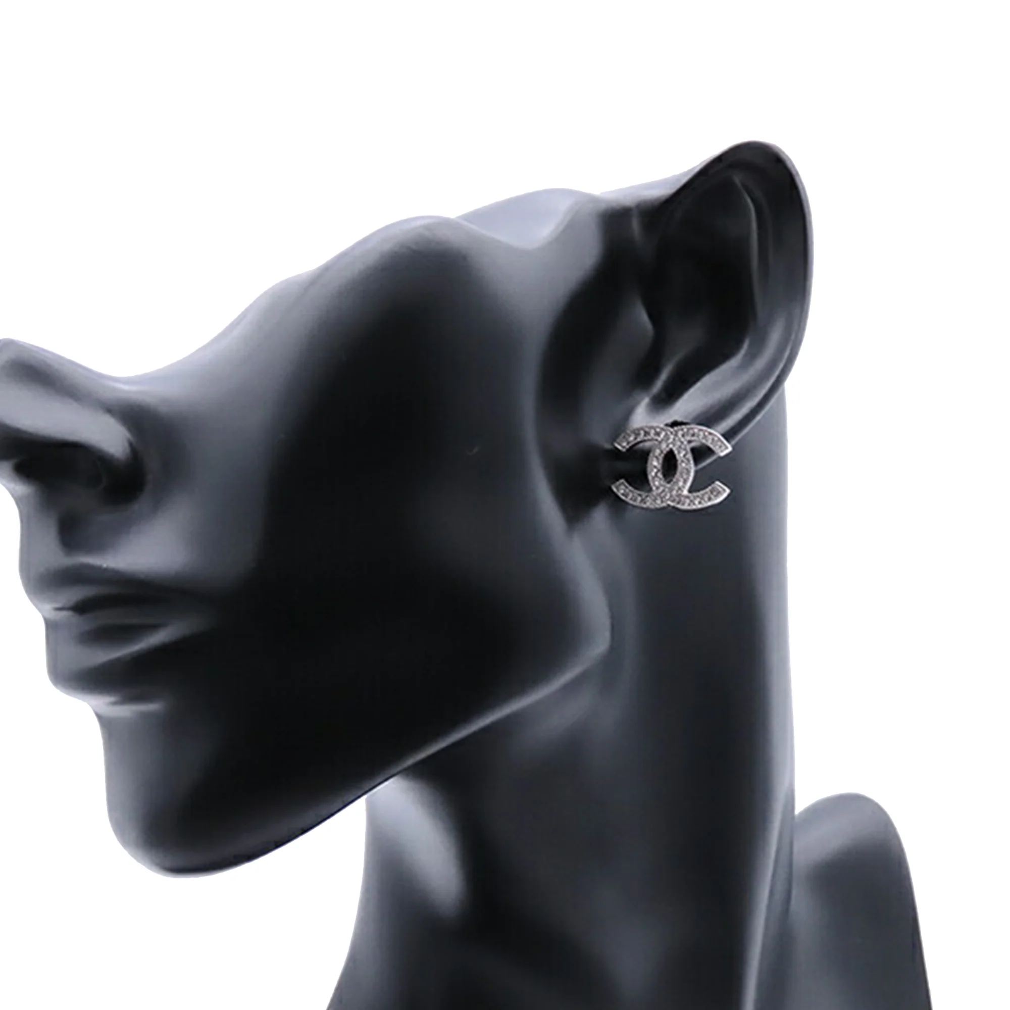 Chanel | Pre-Owned Silver Rhinestones CC Push Back Earrings | Silver - Image 8