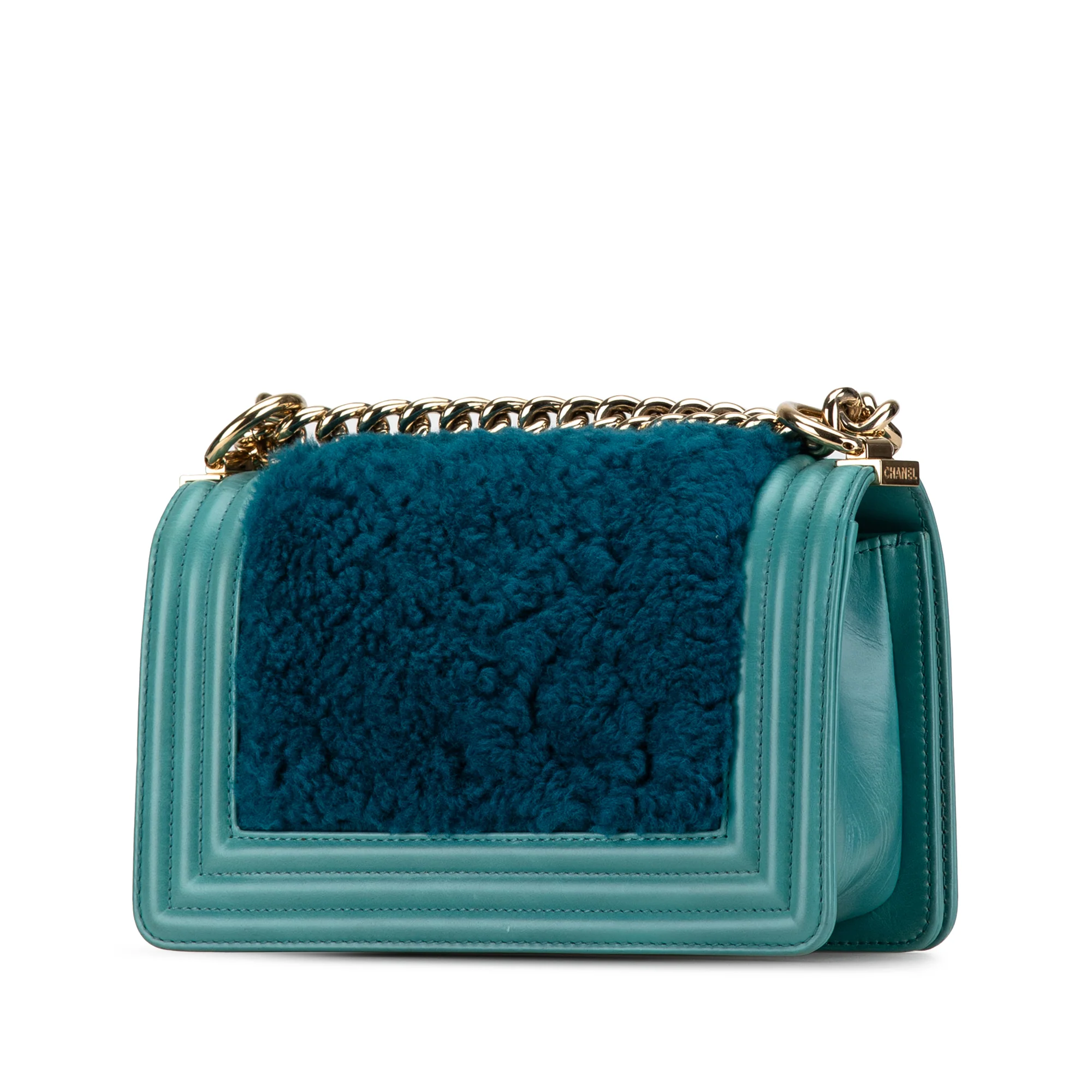 Chanel | Pre-Owned Small Bicolor Shearling Boy Flap | Blue/Turquoise - Image 2