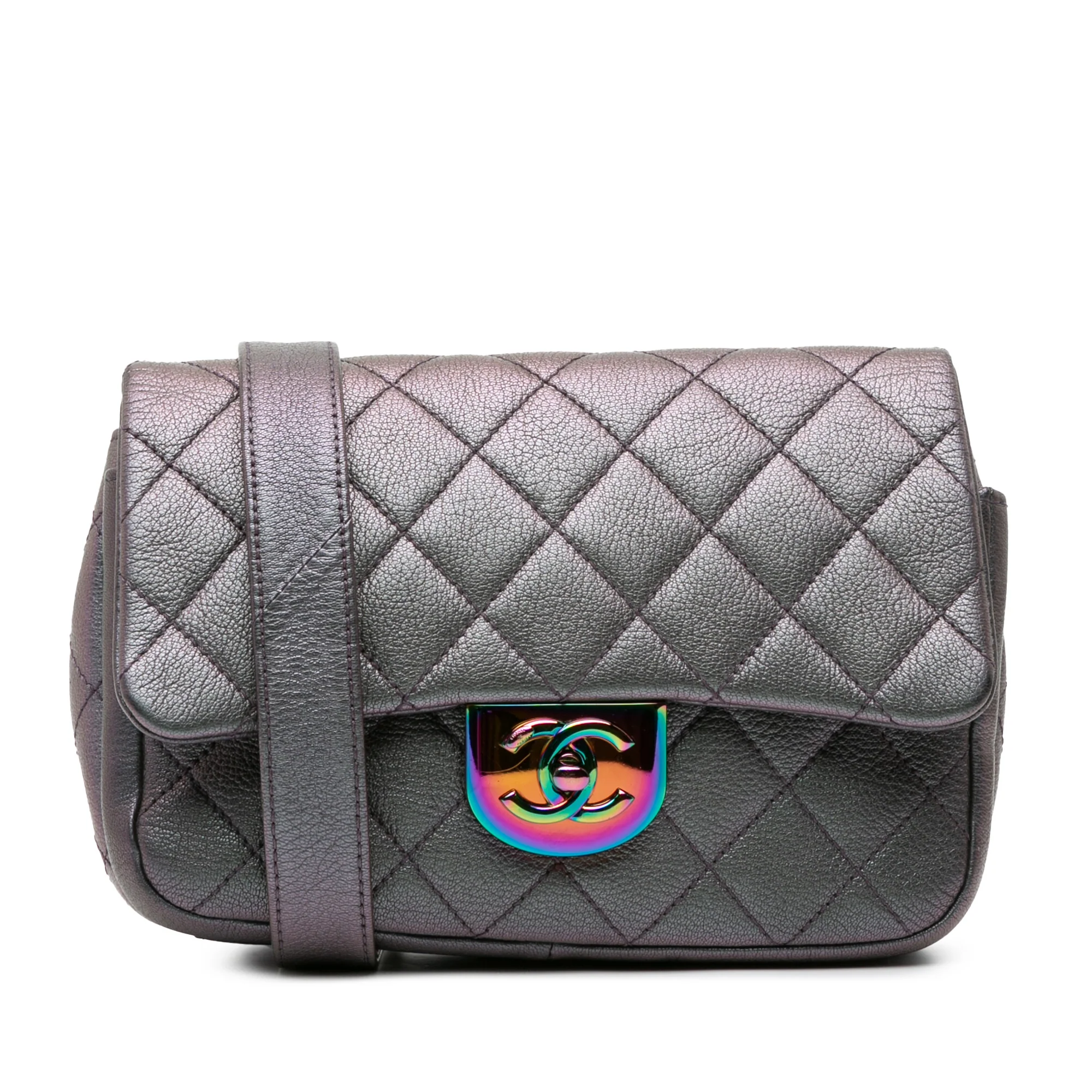 Chanel | Pre-Owned Small Iridescent Goatskin Rainbow Hardware Double Carry Waist Chain Flap | Purple