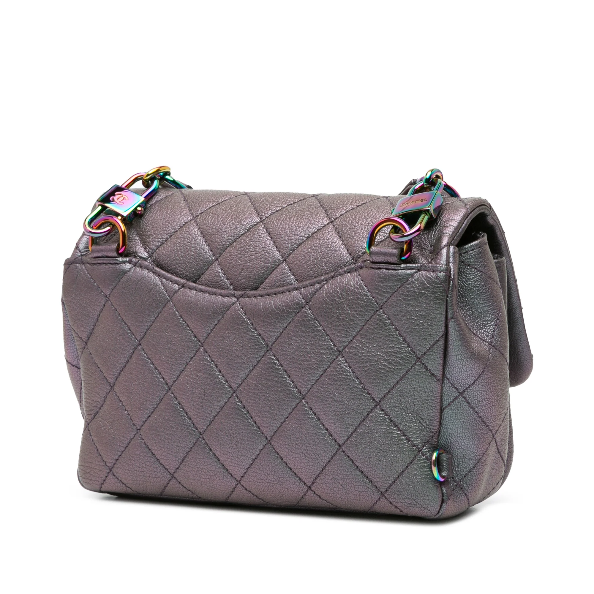 Chanel | Pre-Owned Small Iridescent Goatskin Rainbow Hardware Double Carry Waist Chain Flap | Purple - Image 2