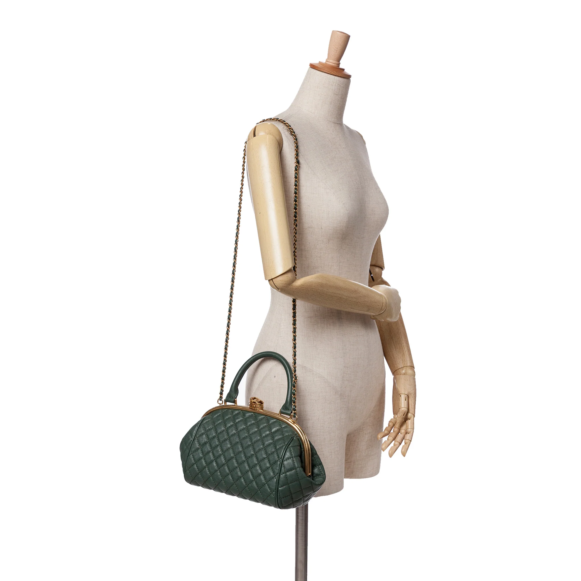 Chanel | Pre-Owned Small Quilted Calfskin Colosseum Lock Frame Bowling Bag | Green/Dark Green - Image 12