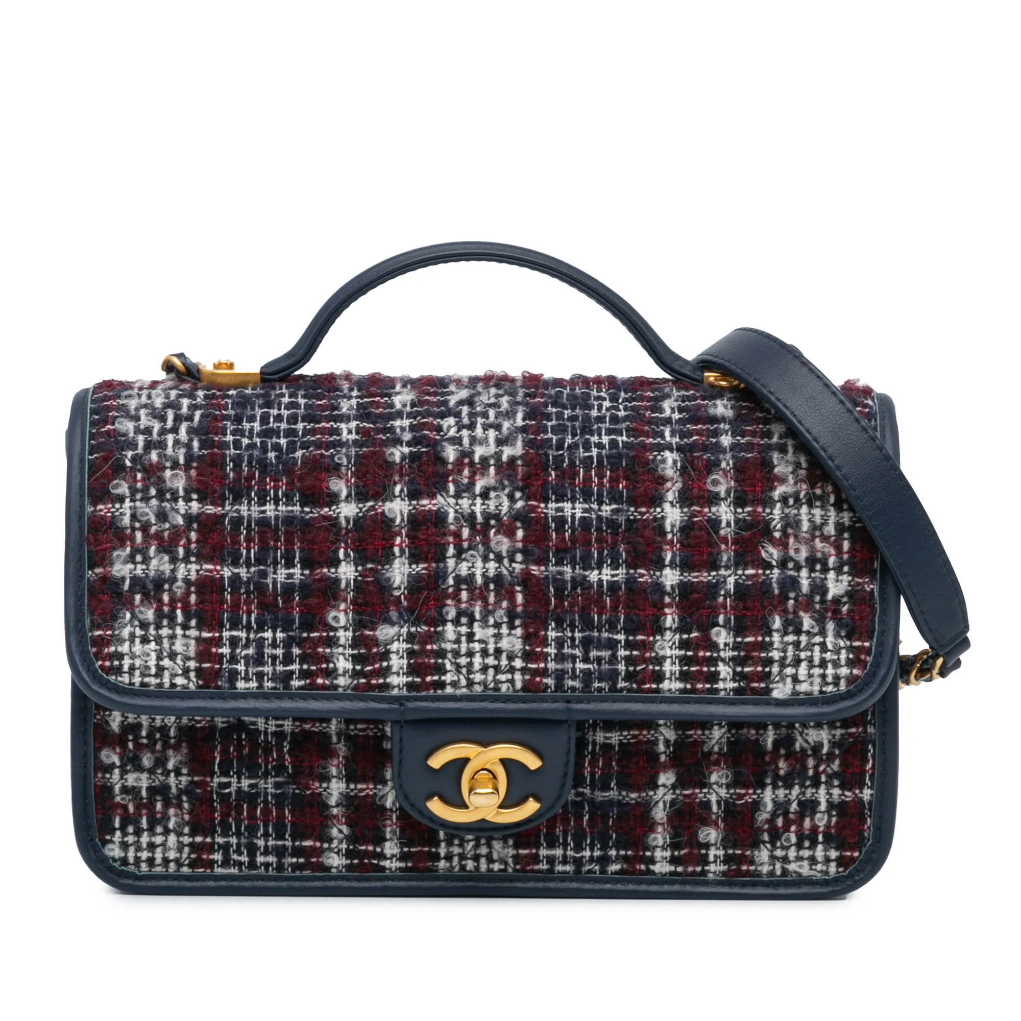 Chanel | Pre-Owned Small Tweed School Memory Top Handle Flap | Blue/Navy