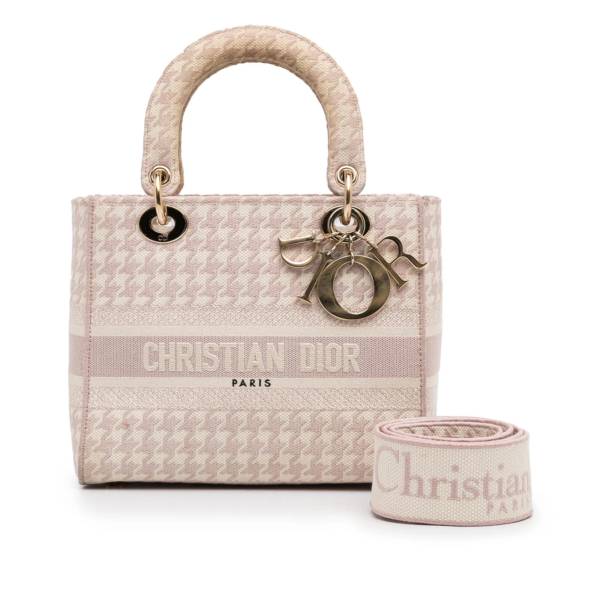 Dior | Pre-Owned Medium Embroidered Canvas Houndstooth Lady D Lite | Pink/Light Pink - Image 8