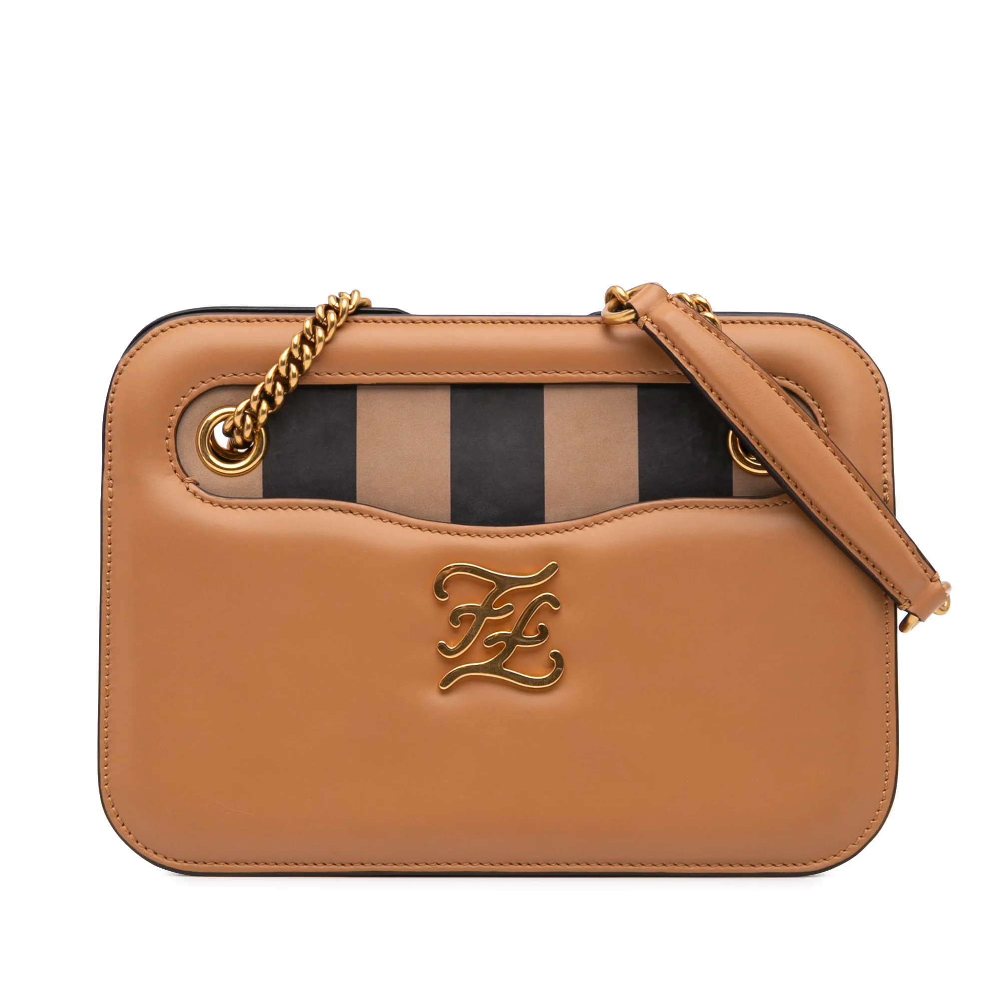 Fendi | Pre-Owned Calfskin Vitello King Nubuck Pequin Karligraphy Pocket Shoulder Bag | Brown