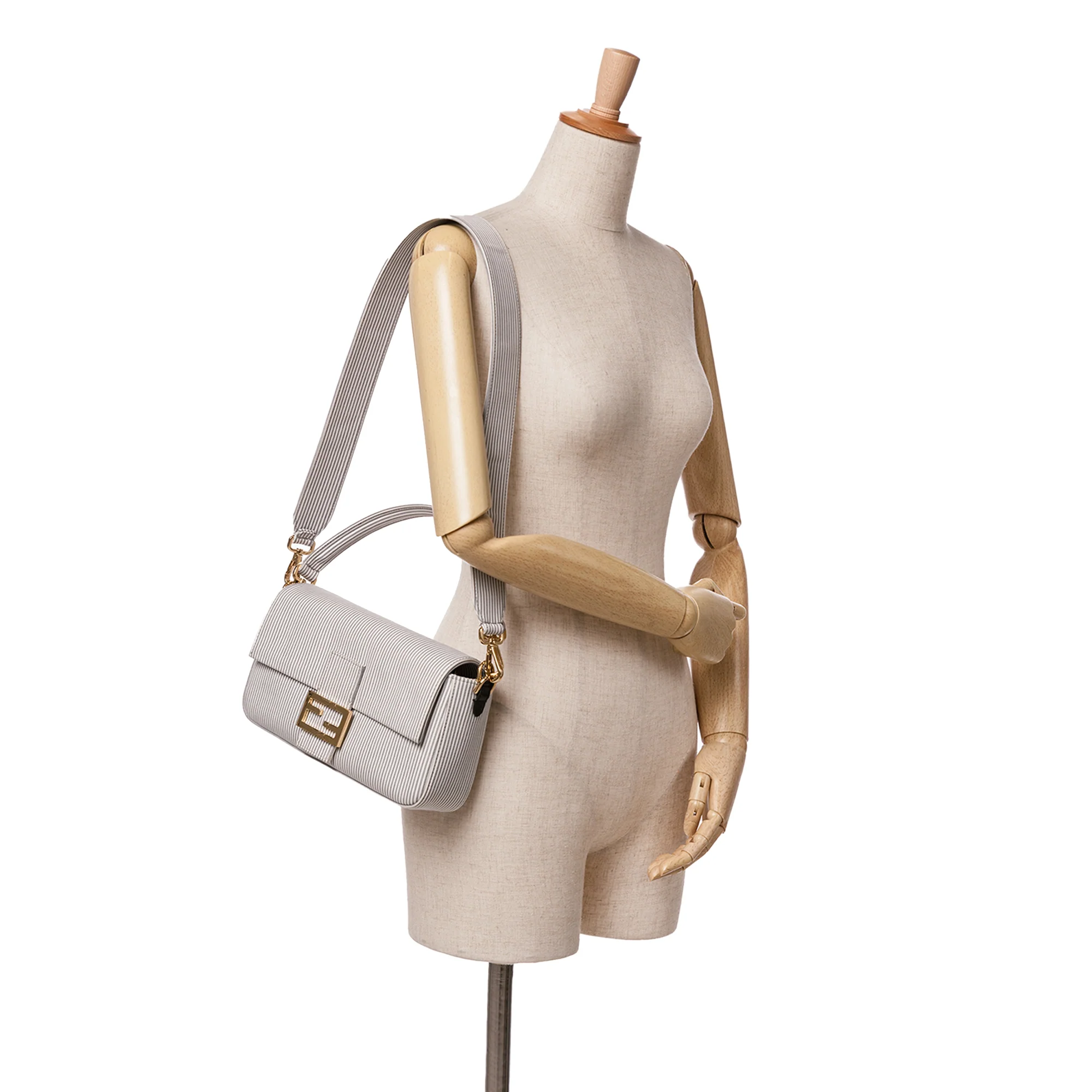 Fendi | Pre-Owned Striped Jersey Baguette Satchel | White - Image 10