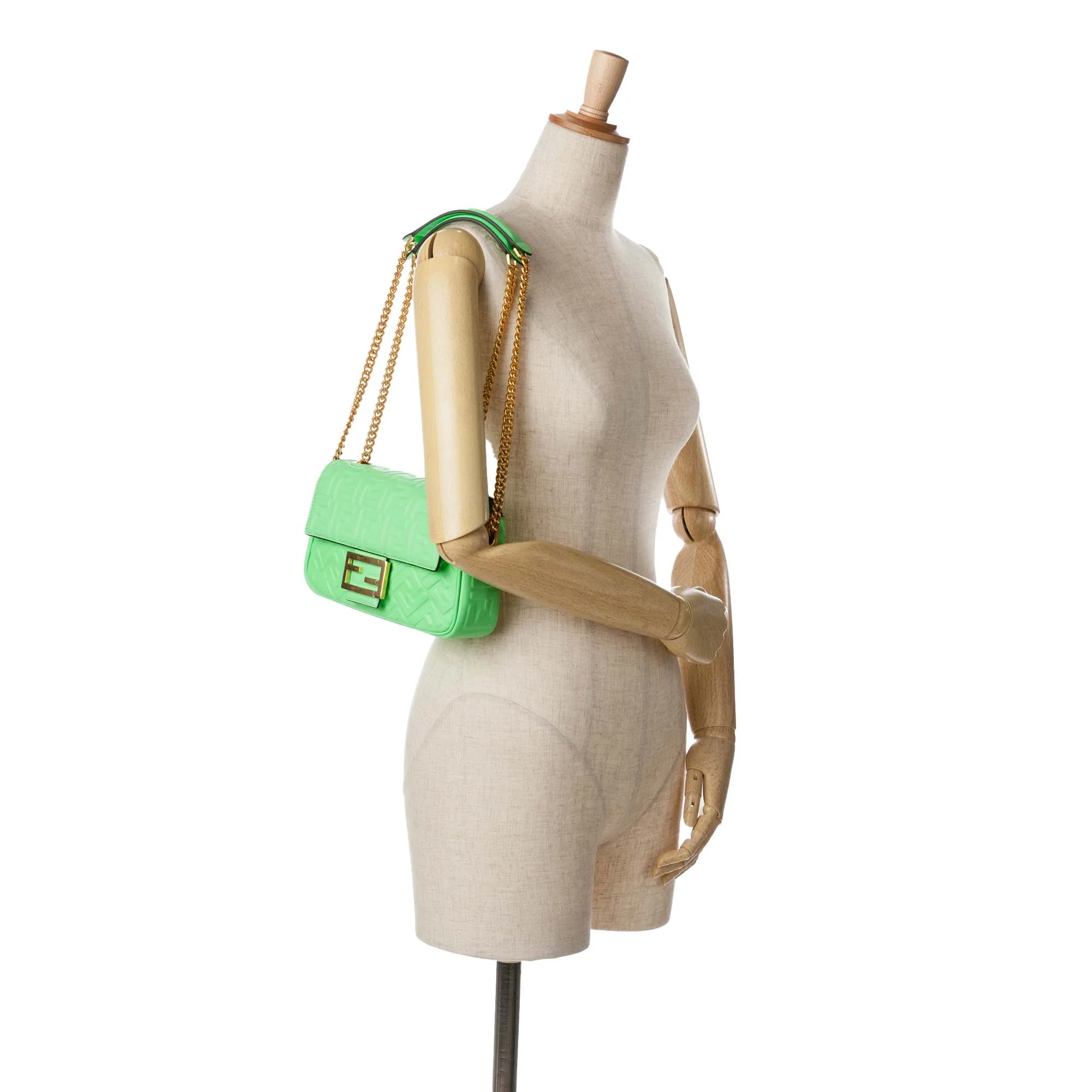 Fendi | Pre-Owned Zucca Embossed Leather Chain Midi Baguette - I | Green/Light Green - Image 3