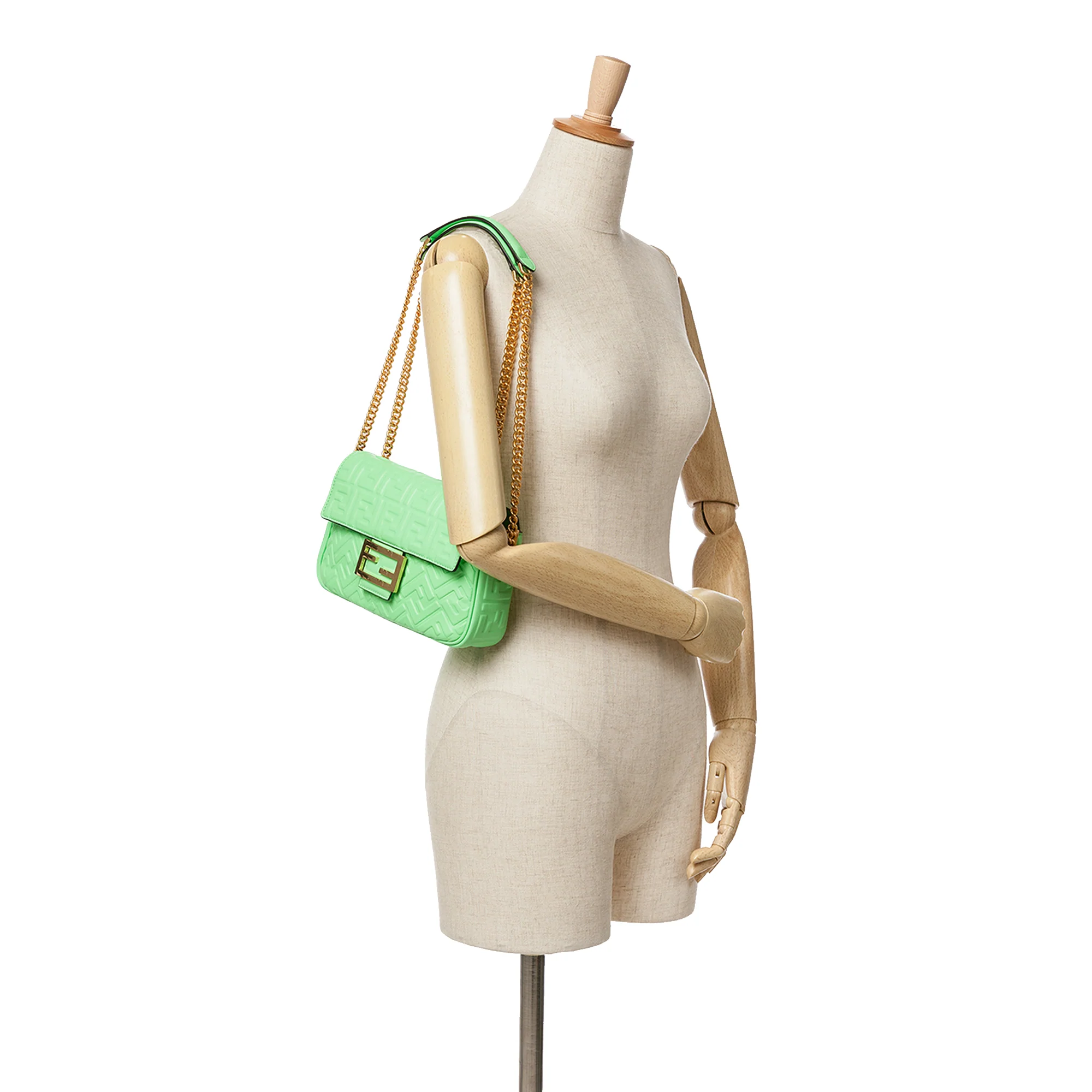Fendi | Pre-Owned Zucca Embossed Leather Chain Midi Baguette - II | Green/Light Green - Image 7