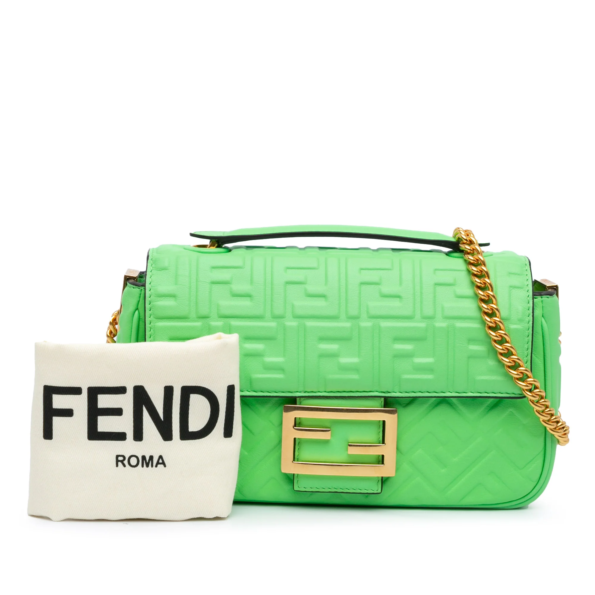 Fendi | Pre-Owned Zucca Embossed Leather Chain Midi Baguette - III | Green/Light Green - Image 3