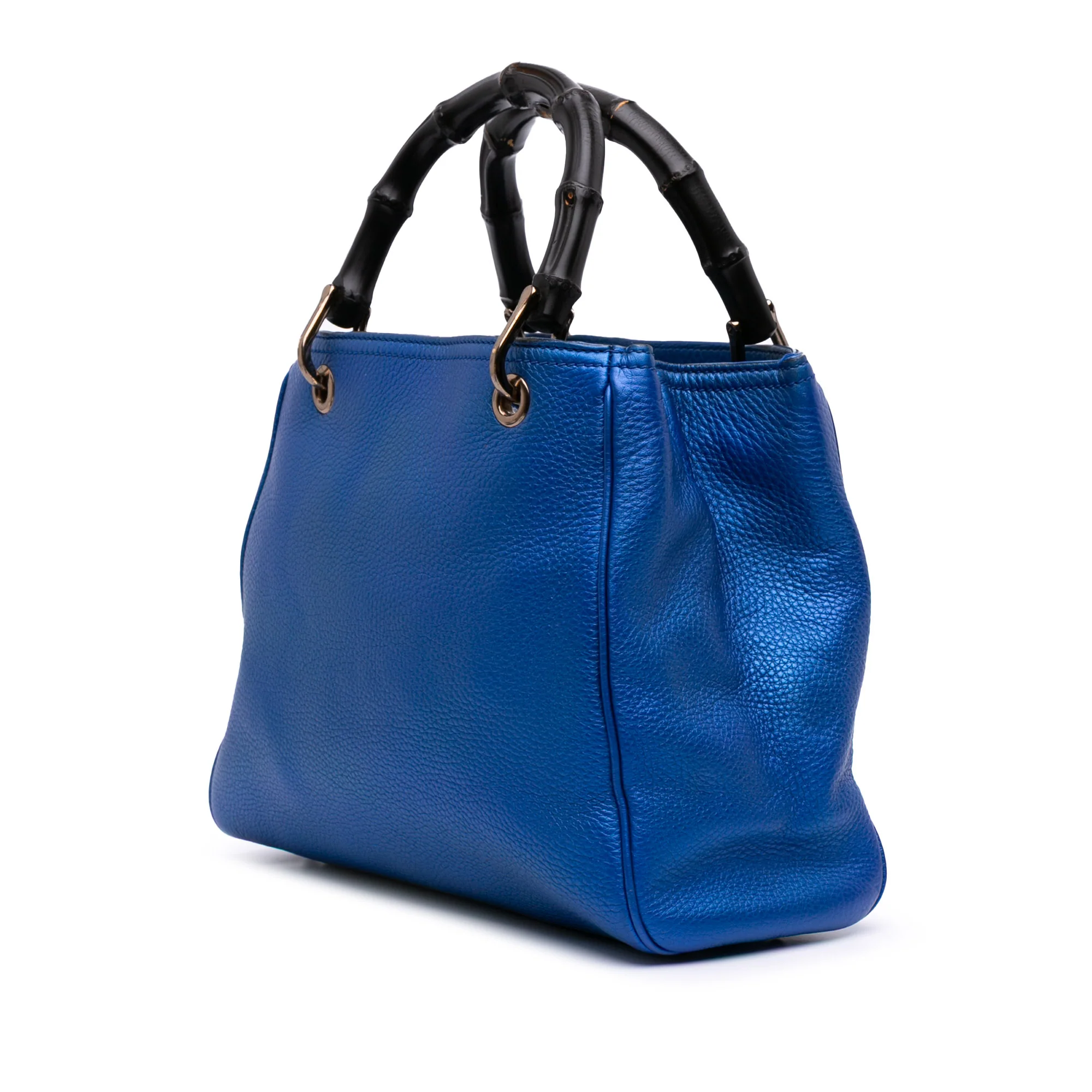 Gucci | Pre-Owned Small Metallic Calfskin Bamboo Shopper Satchel | Blue - Image 3