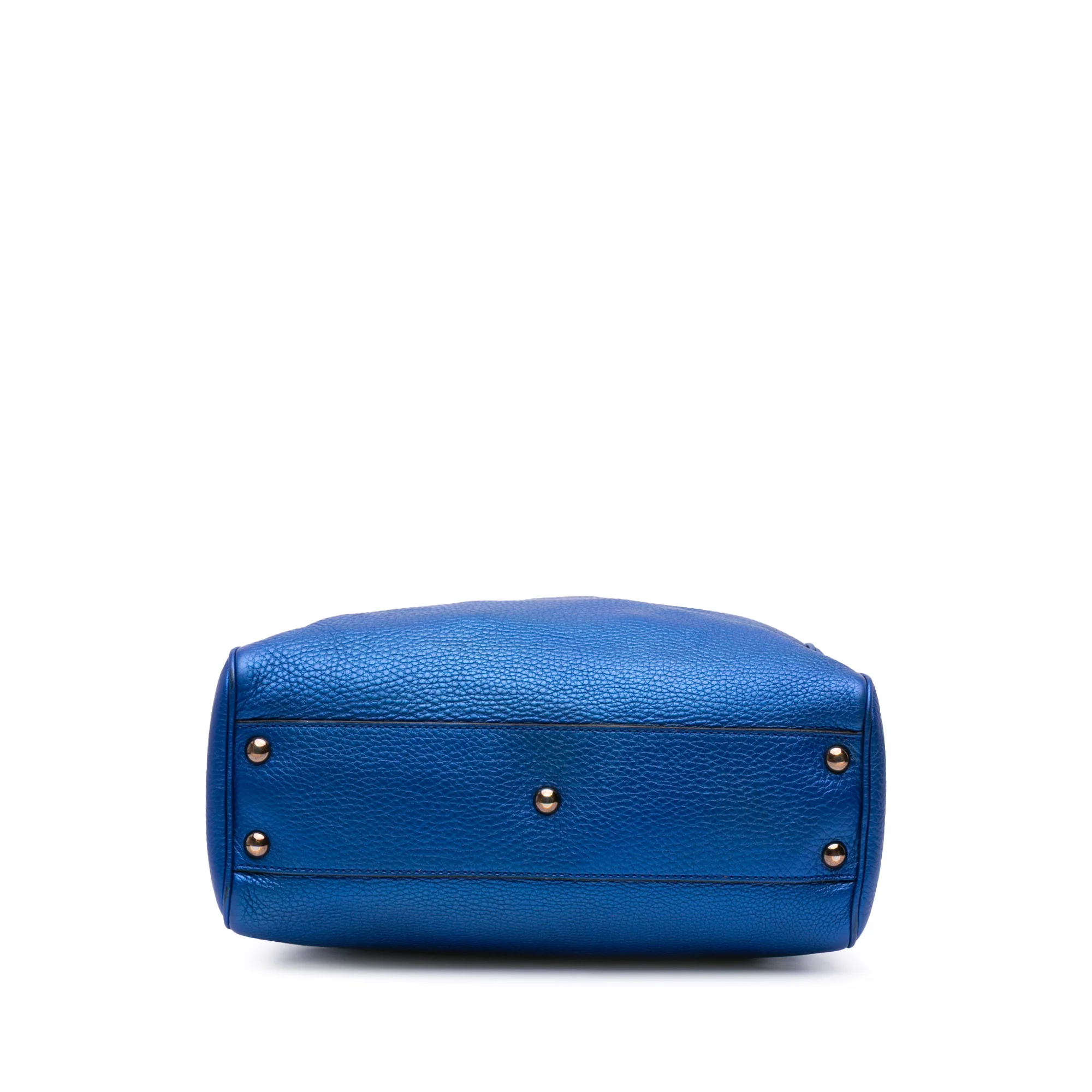 Gucci | Pre-Owned Small Metallic Calfskin Bamboo Shopper Satchel | Blue - Image 4