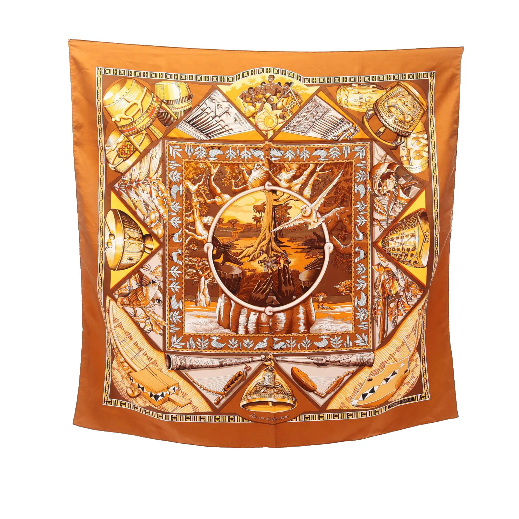 Hermes | Pre-Owned Au Son Du Tam Tam Silk Scarf 90 | Brown