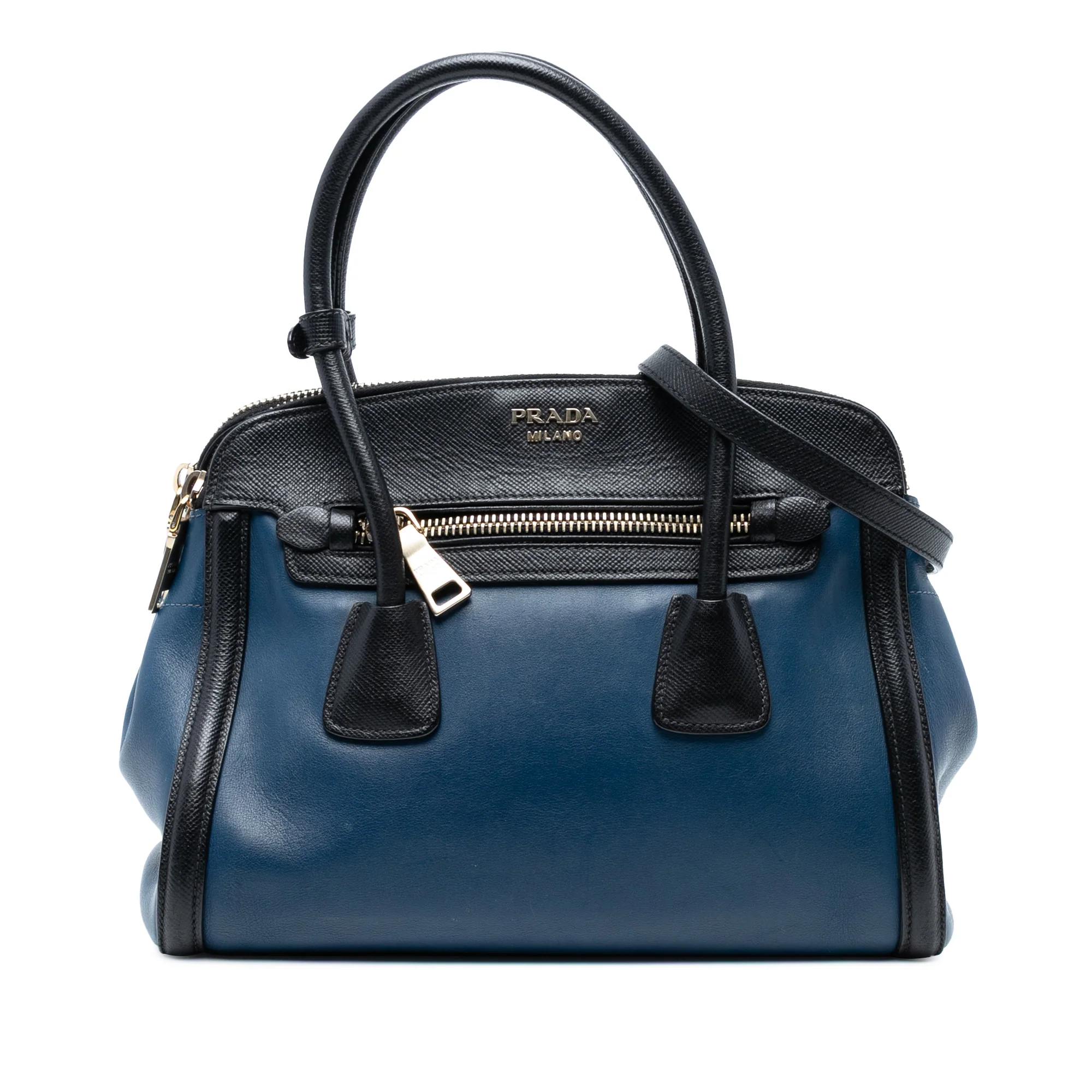 Prada | Pre-Owned Bicolor Saffiano Trimmed City Calf Double Zip Satchel | BlueBlack