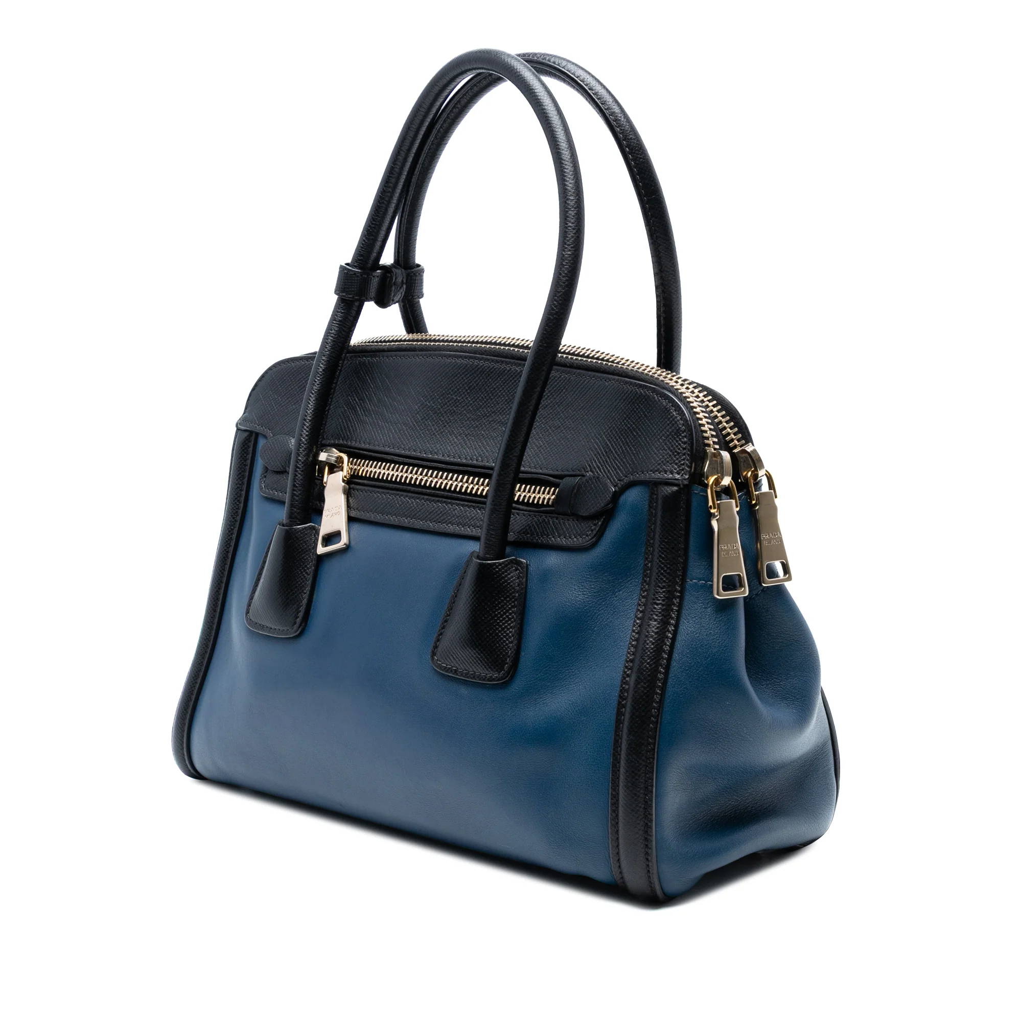 Prada | Pre-Owned Bicolor Saffiano Trimmed City Calf Double Zip Satchel | BlueBlack - Image 2