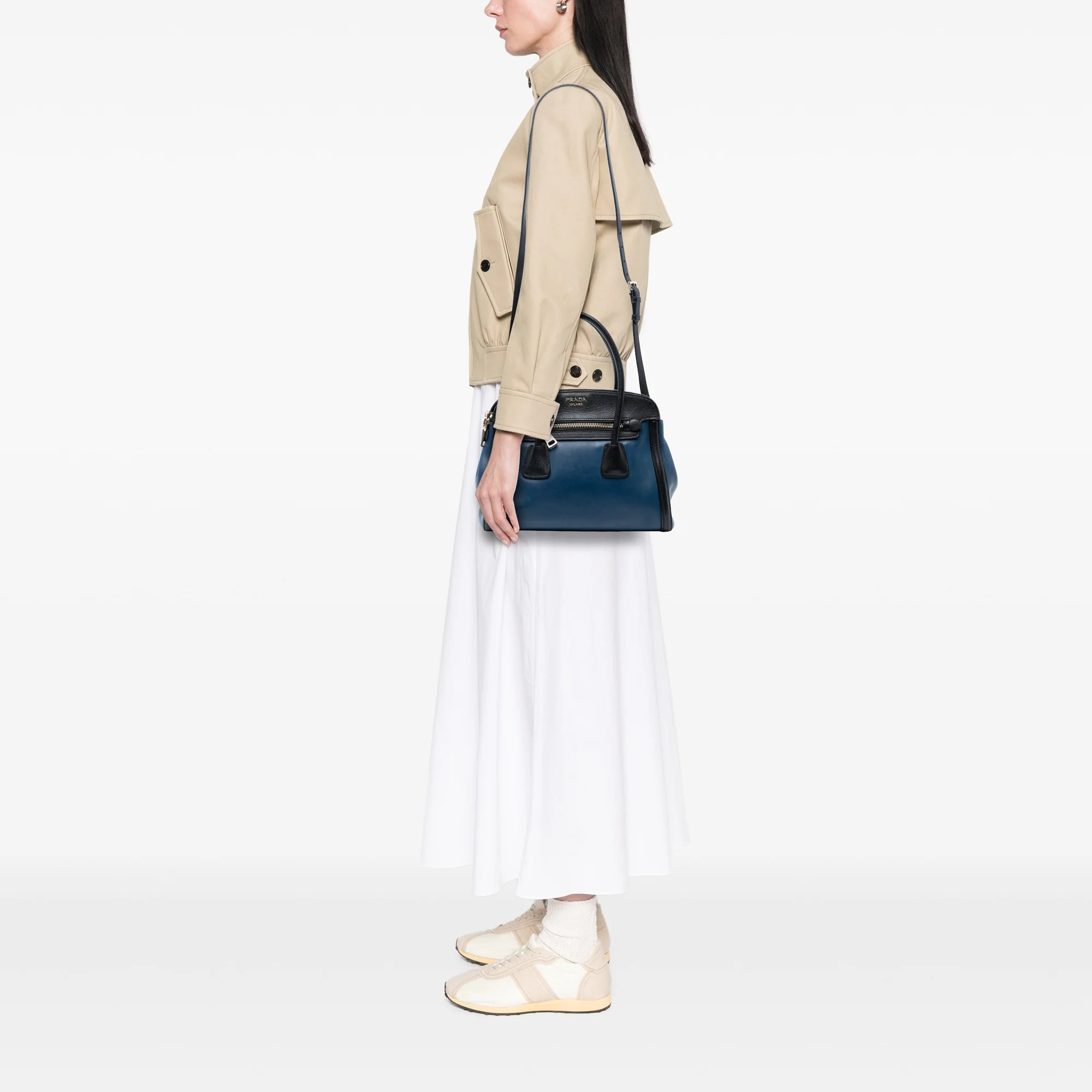 Prada | Pre-Owned Bicolor Saffiano Trimmed City Calf Double Zip Satchel | BlueBlack - Image 7