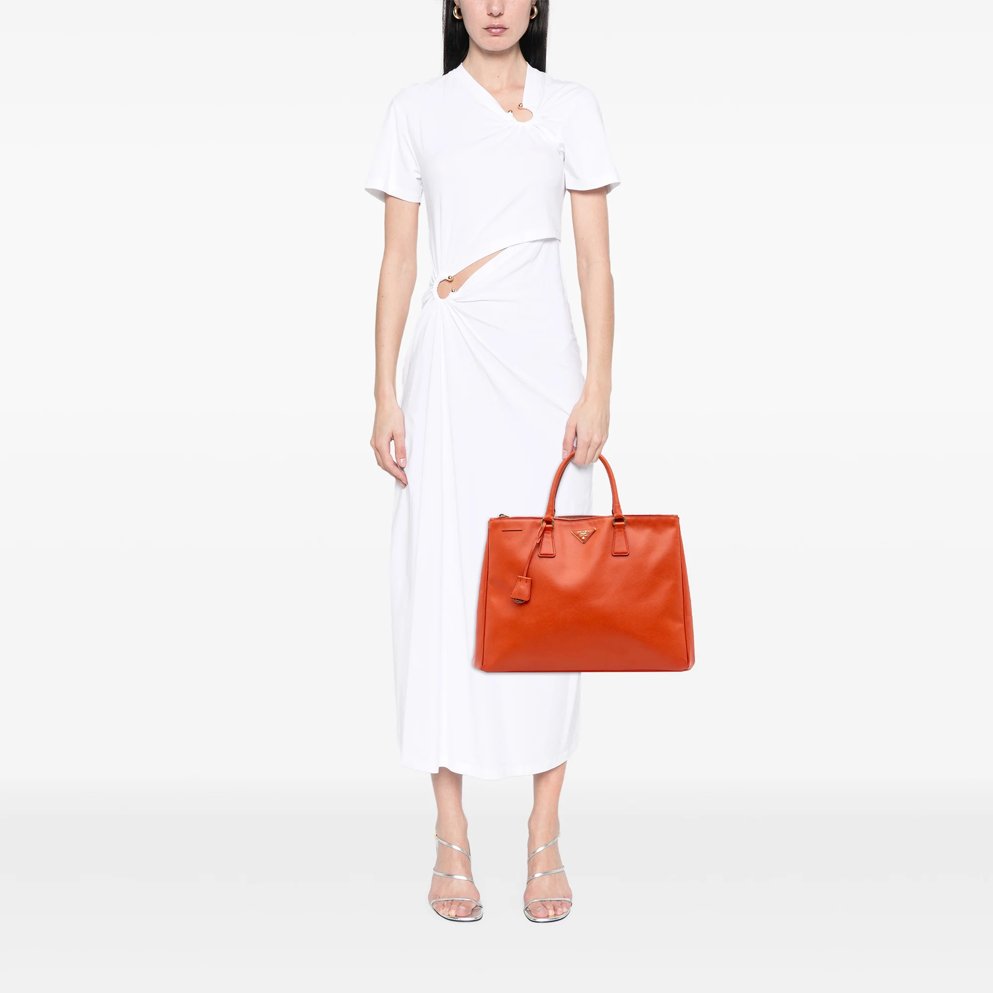 Prada | Pre-Owned Extra Large Saffiano Lux Galleria Double Zip Tote | Orange - Image 5