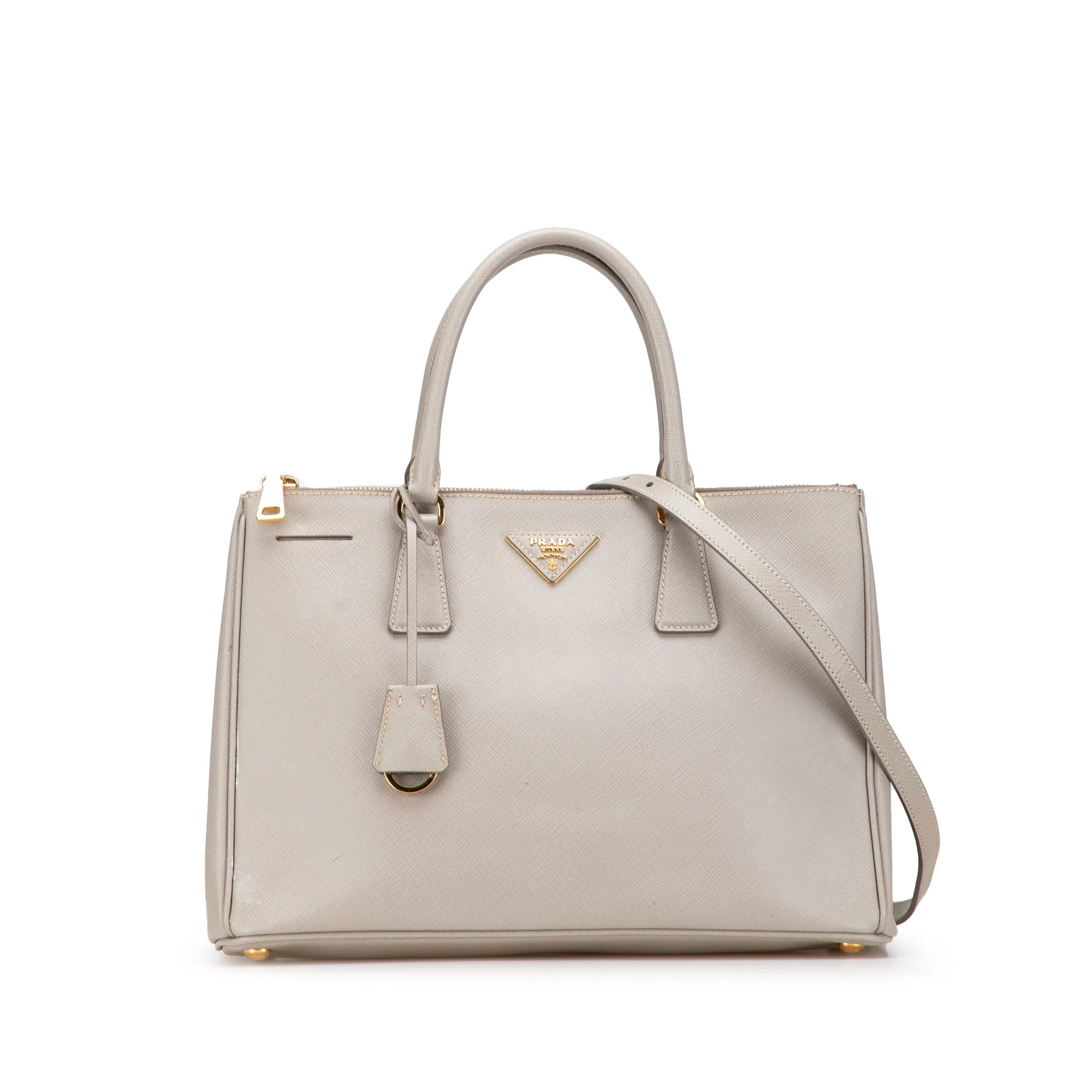 Prada | Pre-Owned Medium Saffiano Lux Galleria Double Zip Satchel | Gray/Light Gray