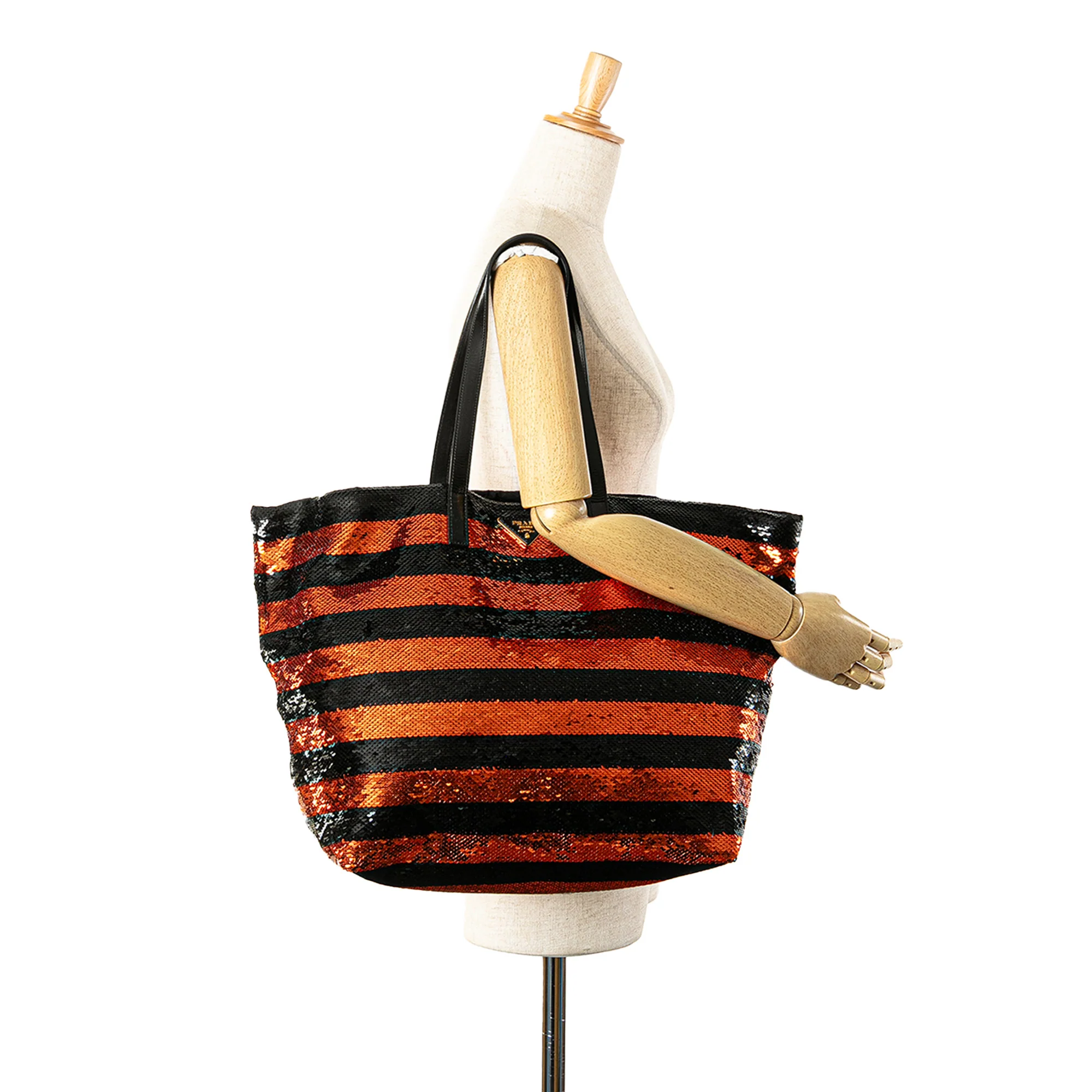 Prada | Pre-Owned Satin Sequin Stripes Tote | Orange - Image 5