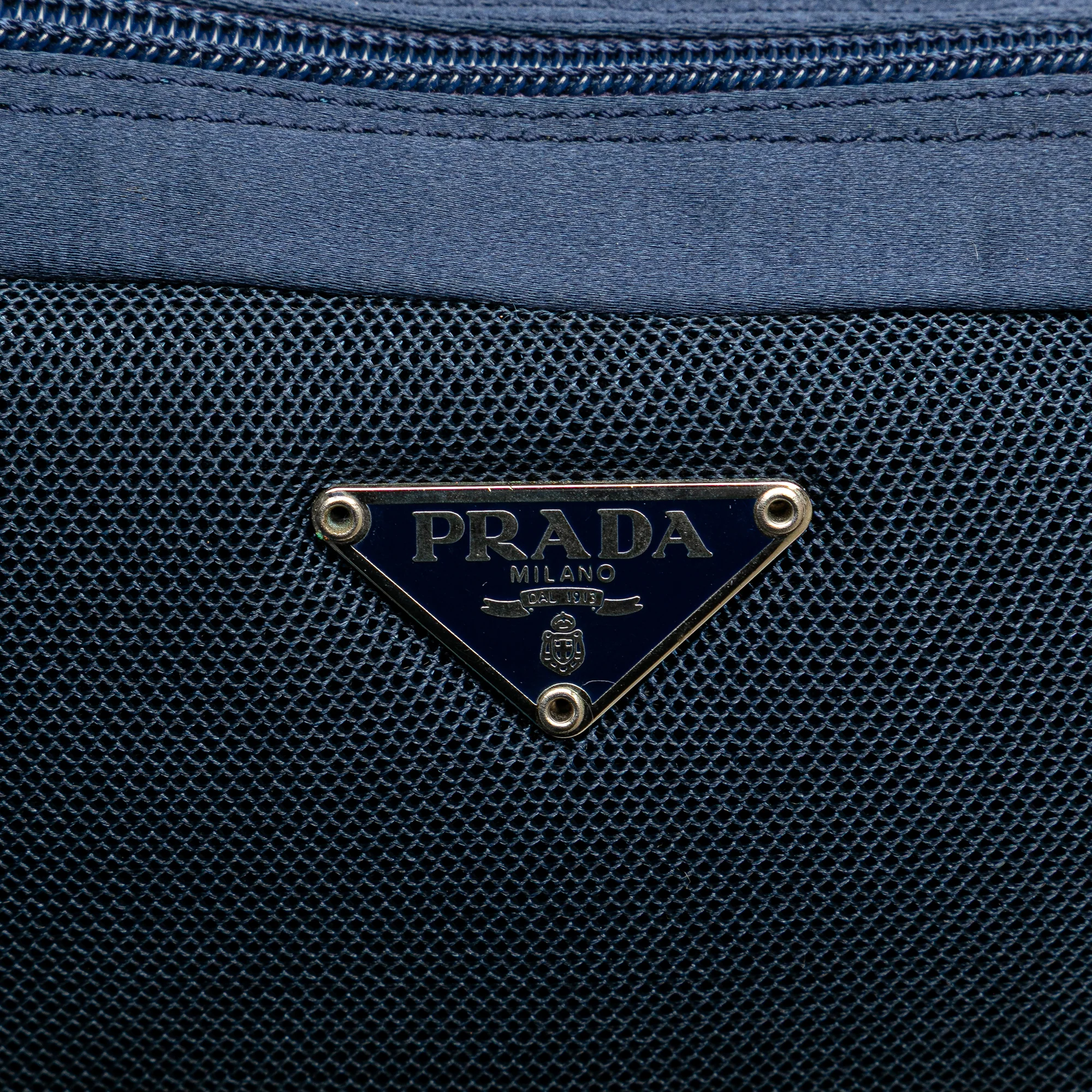 Prada | Pre-Owned Satin Trimmed Mesh Shoulder Bag | Blue/Dark Blue - Image 9