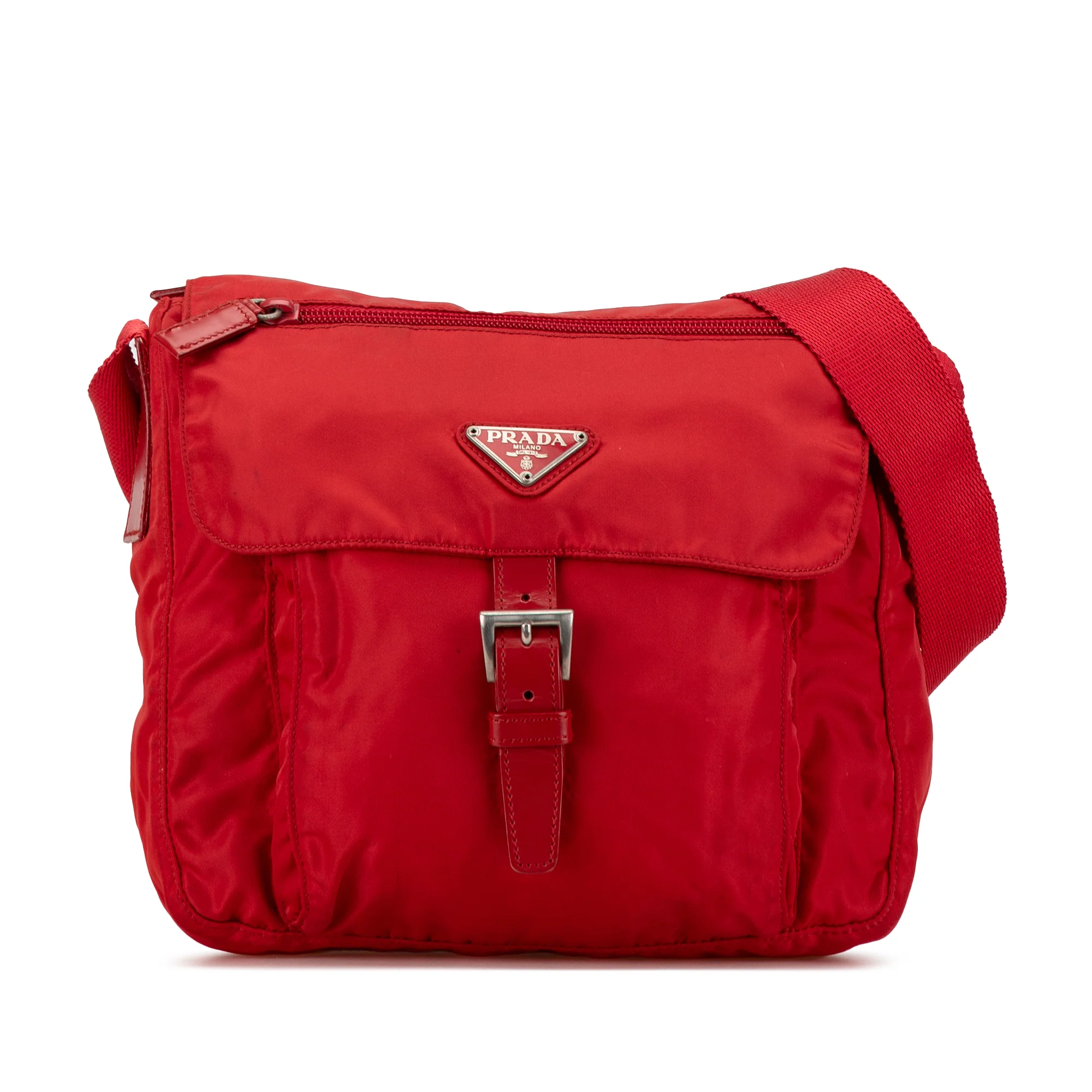 Prada | Pre-Owned Tessuto Zip Buckle Messenger Bag | Red
