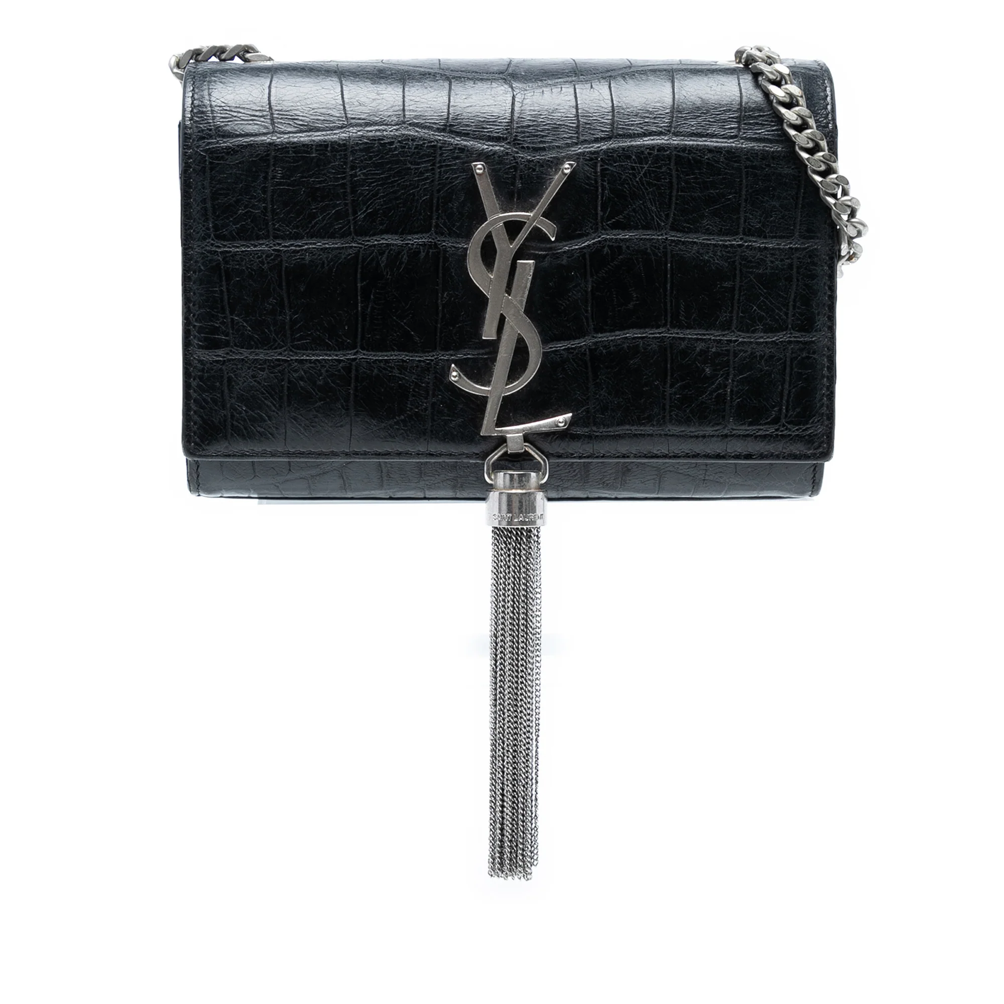 Saint Laurent | Pre-Owned Small Croc Embossed Leather Monogram Kate Tassel Crossbody | Black