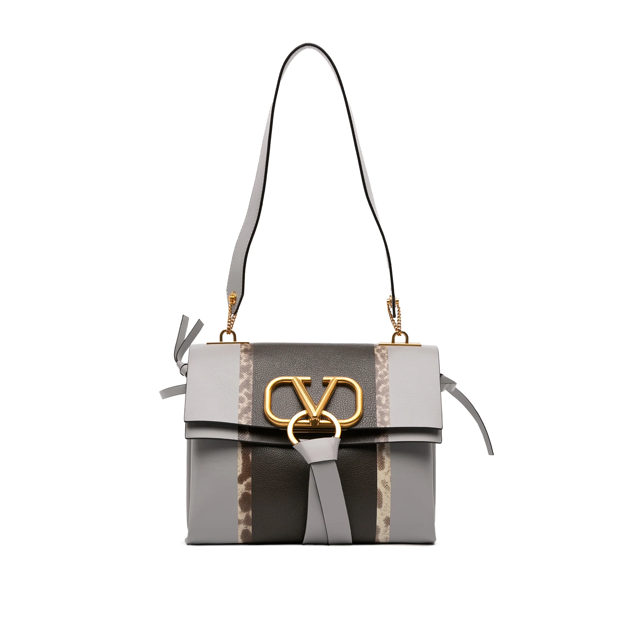 Valentino | Pre-Owned Small Watersnake Trimmed Colorblock Calfskin Vring Shoulder Bag | Gray/Light Gray
