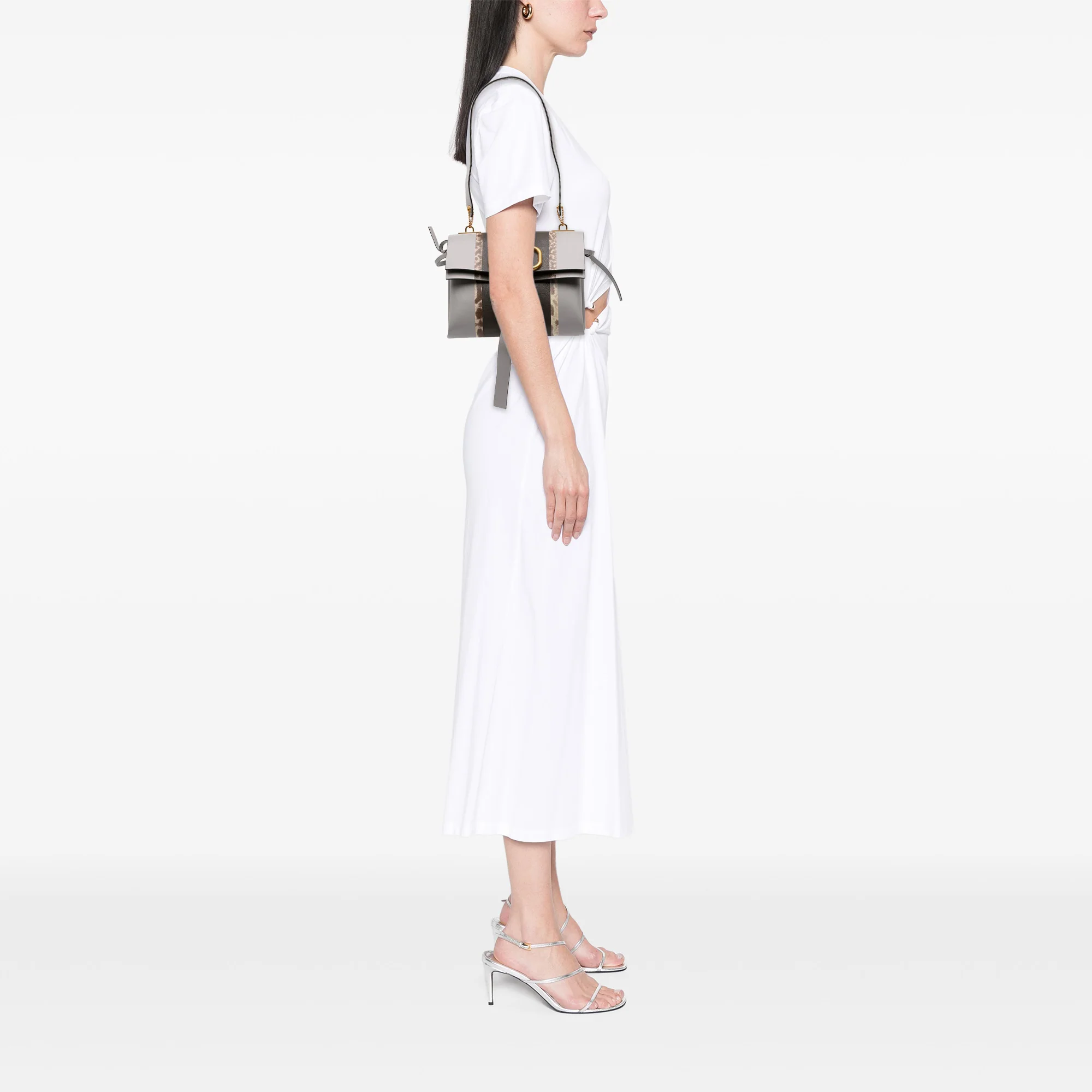 Valentino | Pre-Owned Small Watersnake Trimmed Colorblock Calfskin Vring Shoulder Bag | Gray/Light Gray - Image 2