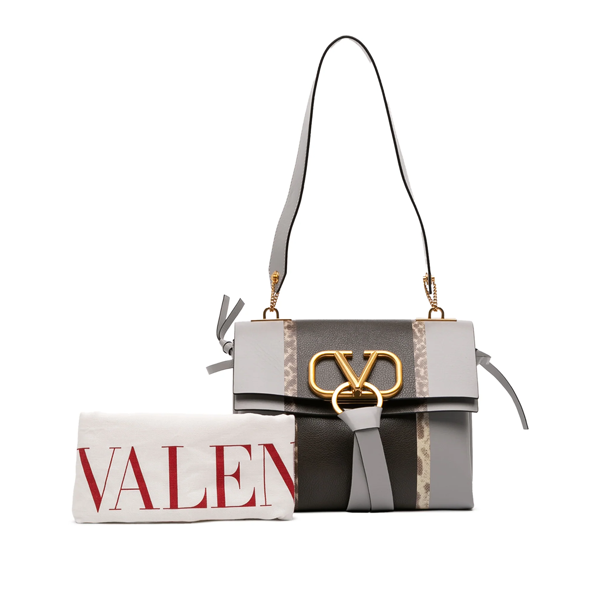 Valentino | Pre-Owned Small Watersnake Trimmed Colorblock Calfskin Vring Shoulder Bag | Gray/Light Gray - Image 3