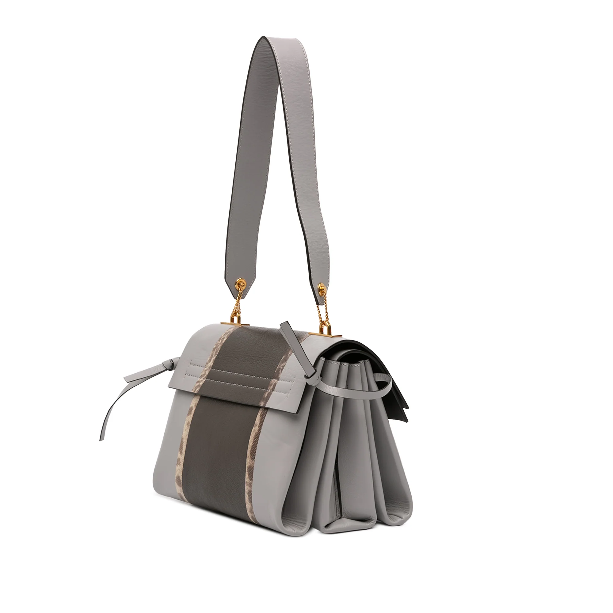 Valentino | Pre-Owned Small Watersnake Trimmed Colorblock Calfskin Vring Shoulder Bag | Gray/Light Gray - Image 4