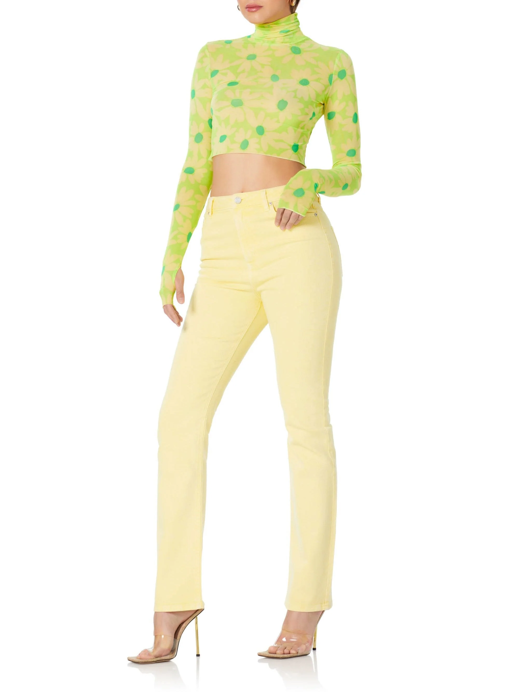 Micaela Turtleneck Crop Top | Lime Daisy - Image 2