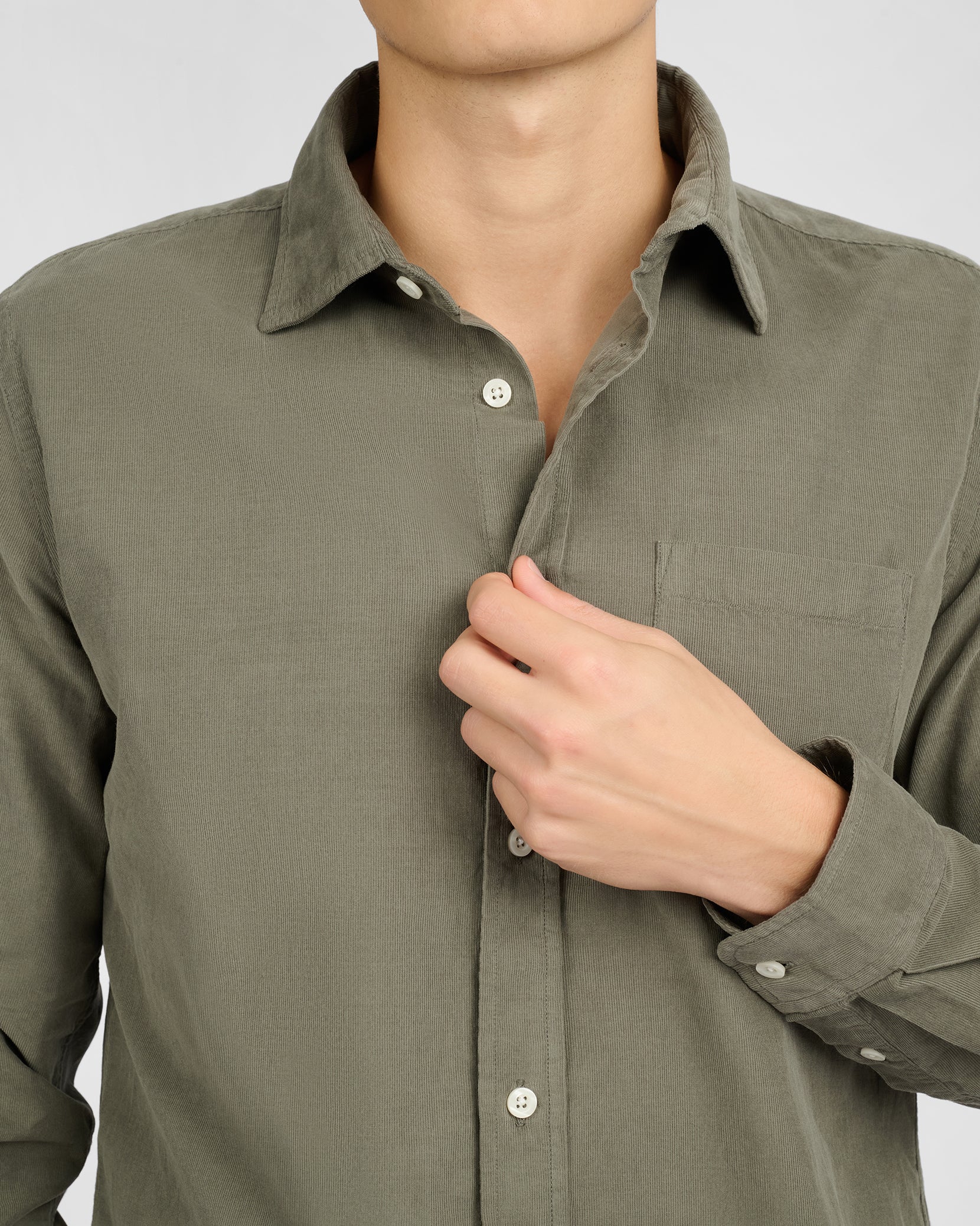 Mens | Micro Cord Long Sleeve Button Down Shirt | Dark Sage - Image 4