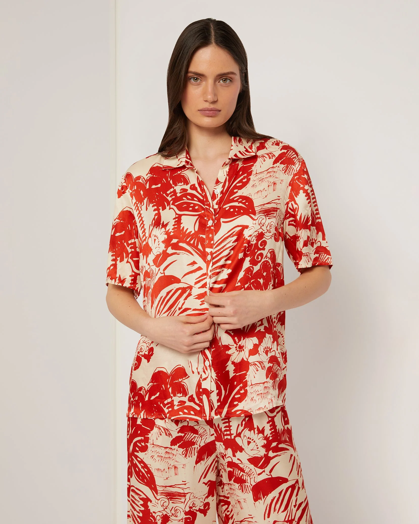 Womens | Oversized Short Sleeve Button Up Shirt | Poinciana/Cream