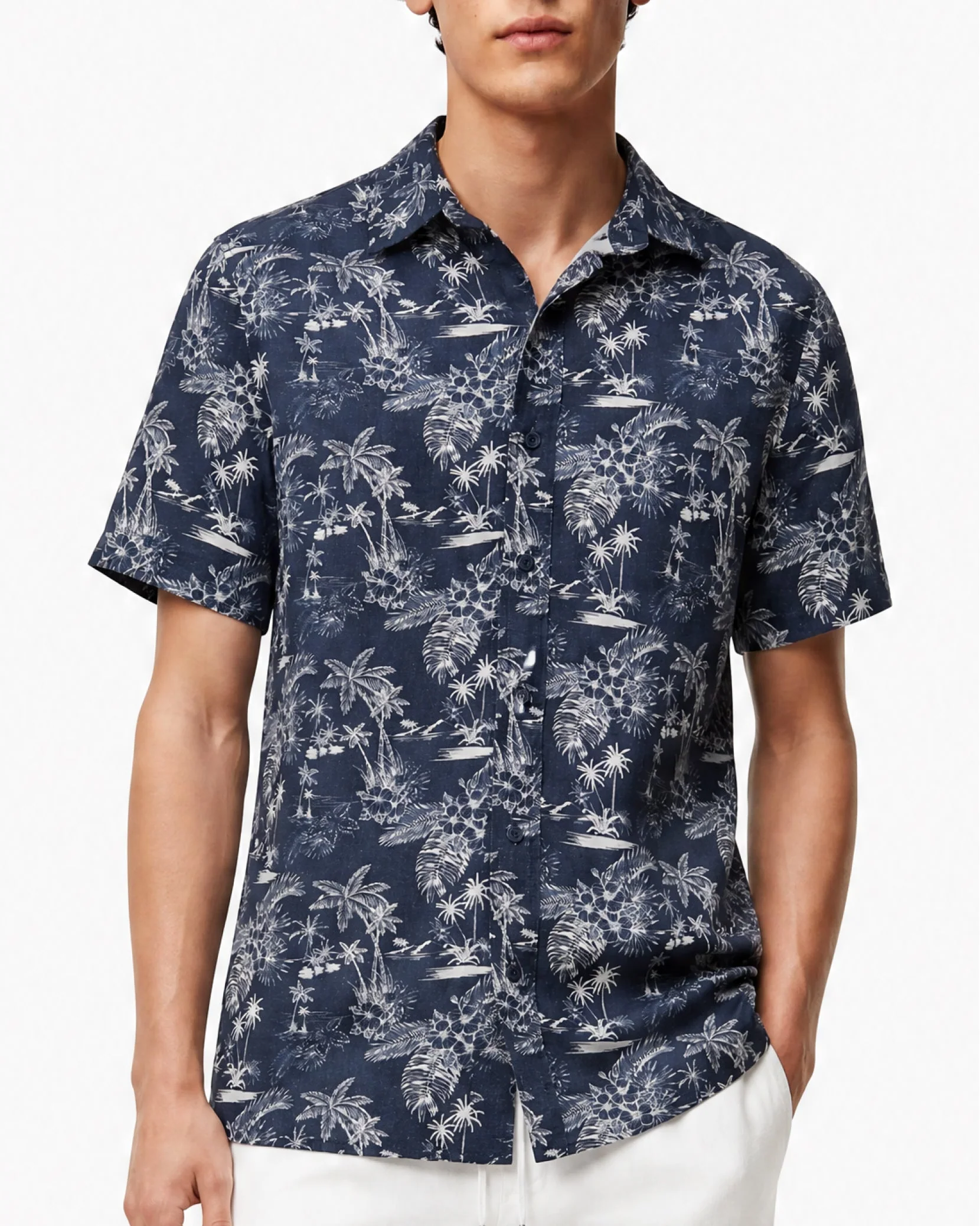 Mens | Printed Linen Short Sleeve Shirt | Vintage Indigo - Image 2