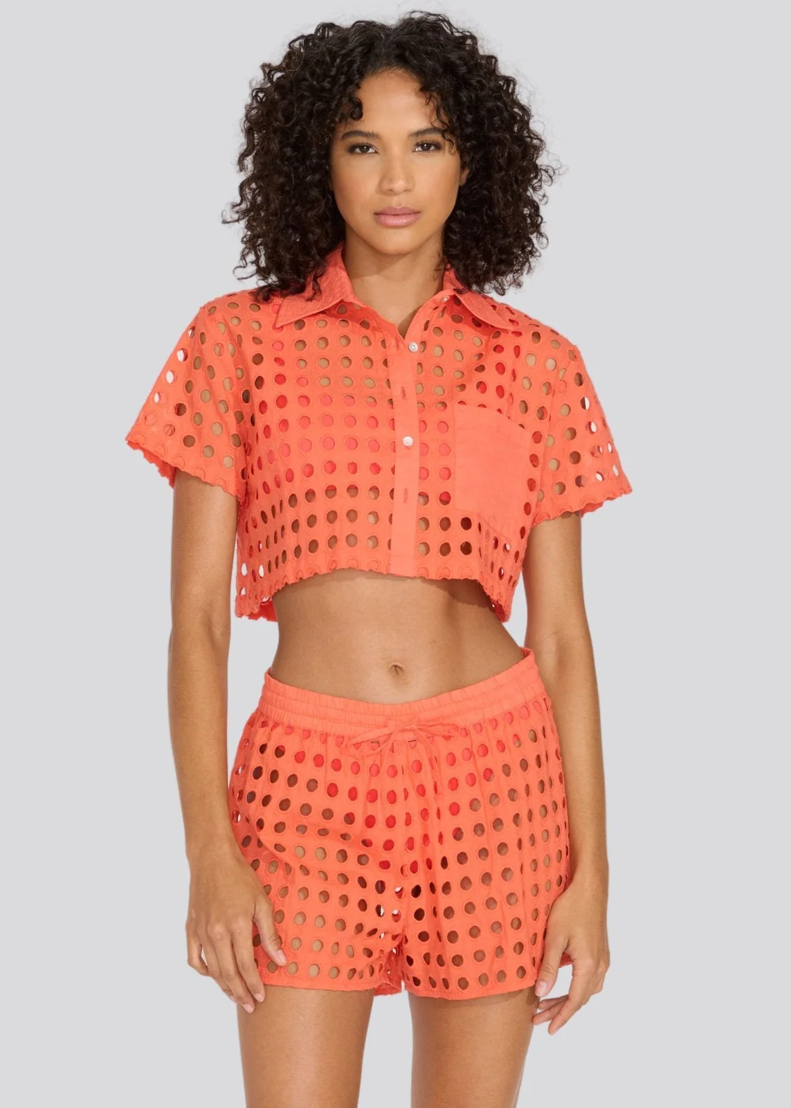 Eyelet Cropped Cabana Shirt | Hot Coral
