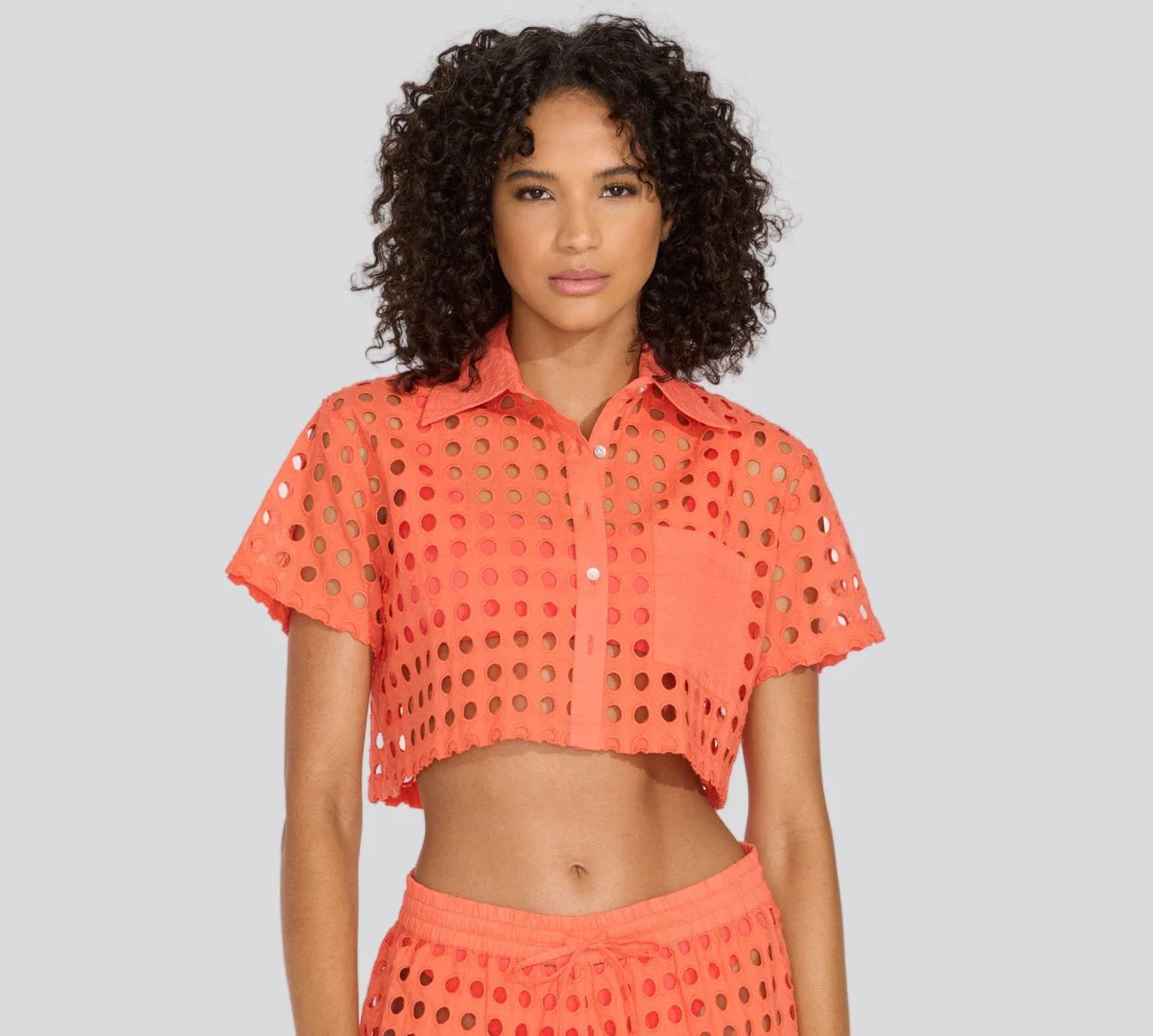 Eyelet Cropped Cabana Shirt | Hot Coral - Image 4