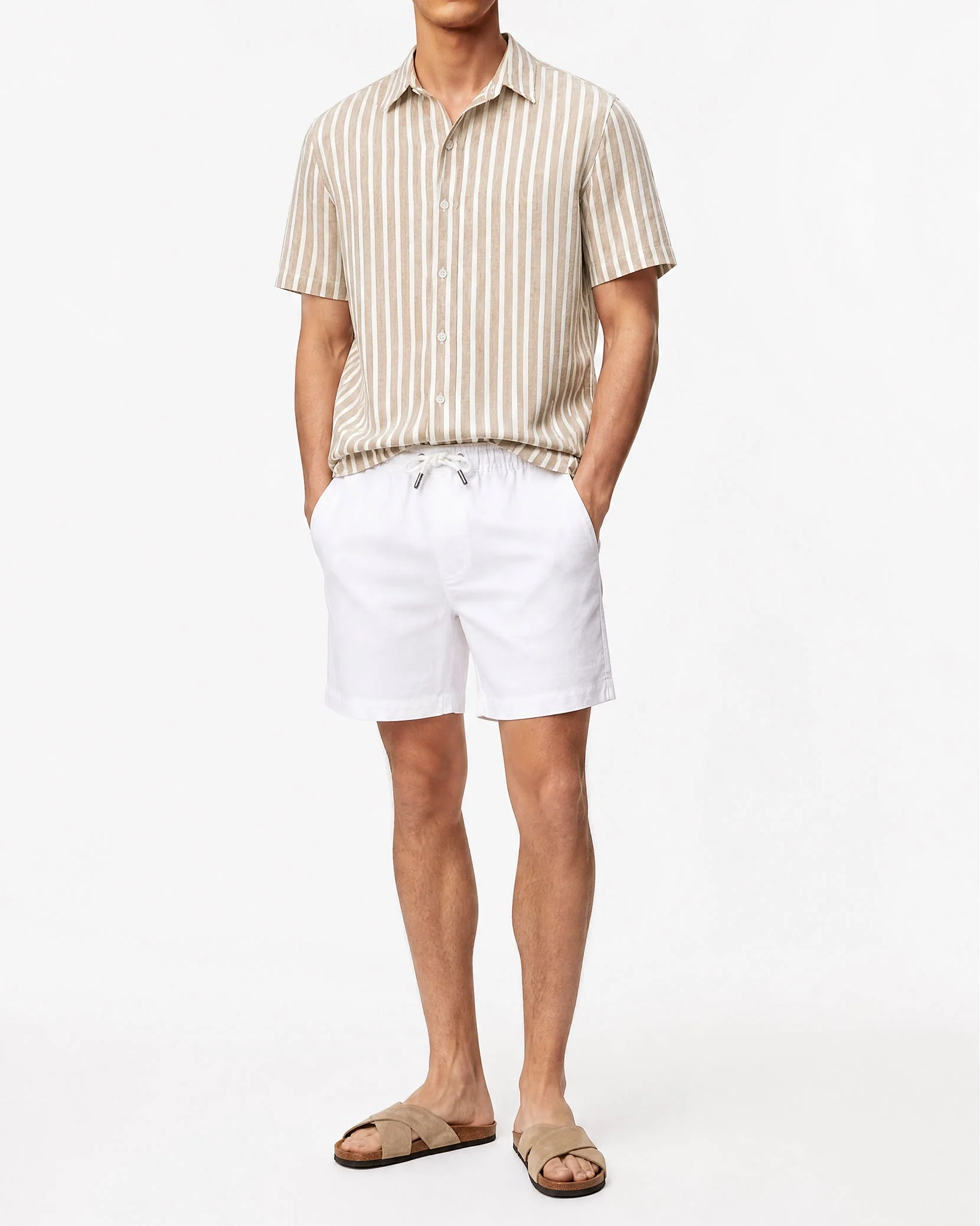 Mens | Stripe Short Sleeve Linen Shirt | Tan - Image 3