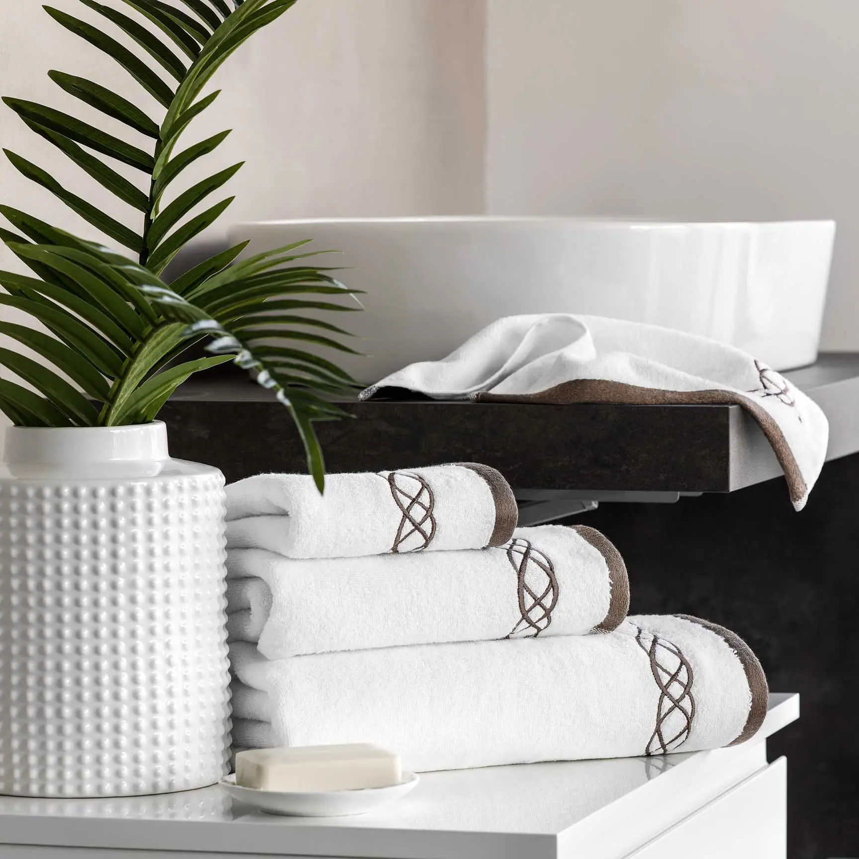 Towel - Mia | White/Brown | 12" x 12" - Image 4