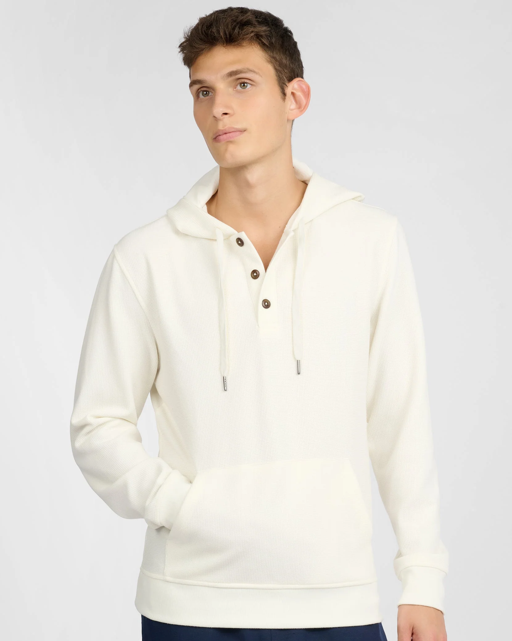Mens | Waffle Half Button Hoodie | Egret - Image 2