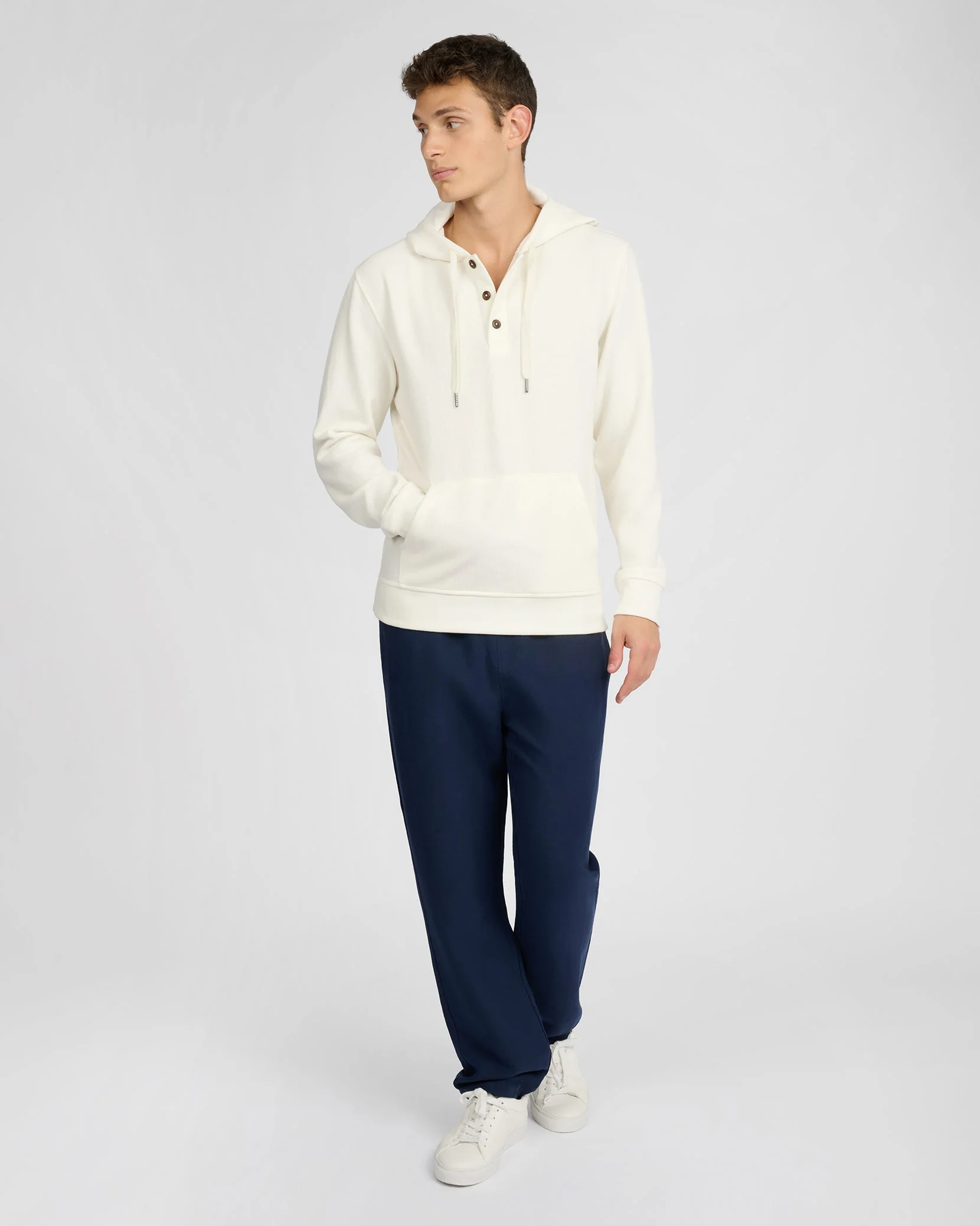 Mens | Waffle Half Button Hoodie | Egret - Image 4