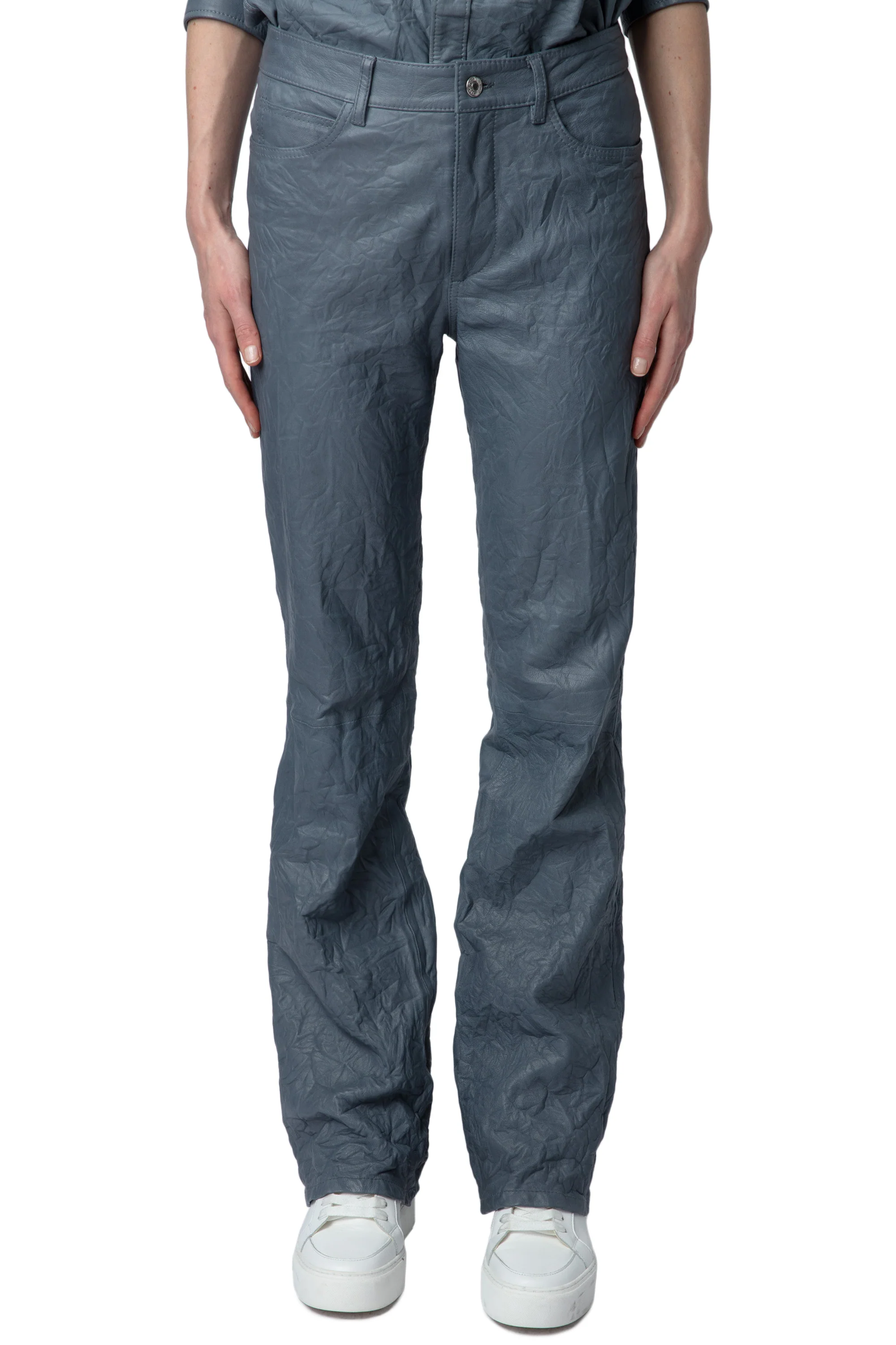 Pistol Creased Leather Pants | Light Blue