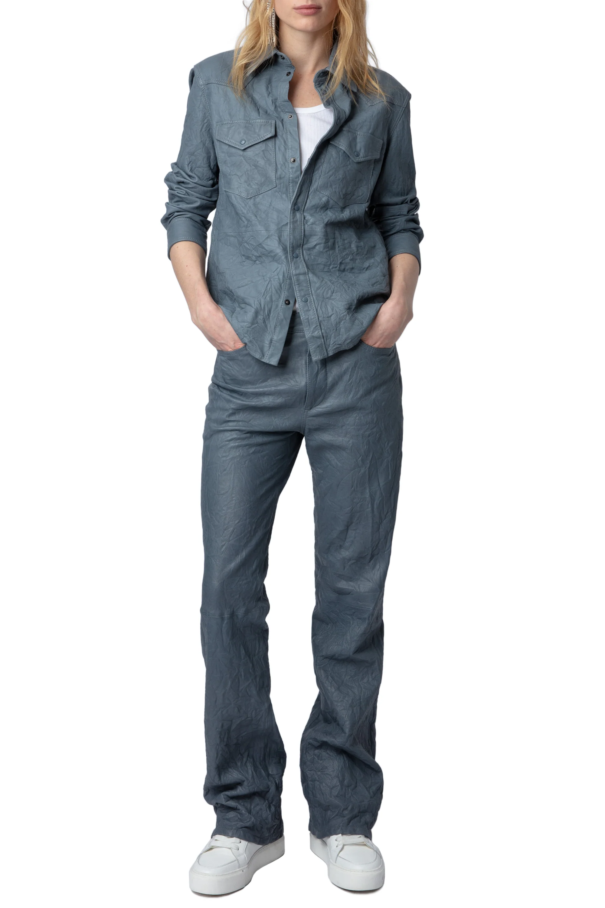 Pistol Creased Leather Pants | Light Blue - Image 2